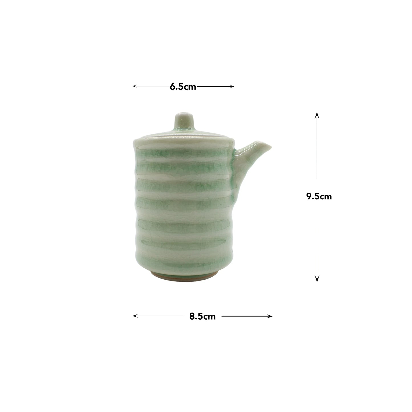 
                  
                    Soy Sauce Pourer - Celadon Ribbed: features a lid, spout, ribbed design, and celadon crackle glaze inspired by Japanese ceramics. Measures 9.5 cm high, 8.5 cm wide, 6.5 cm diameter; shown on a white background.
                  
                