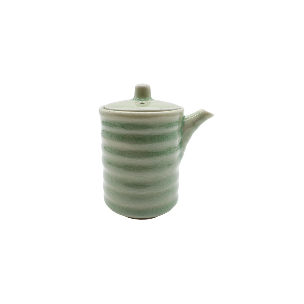 A compact, green ribbed Soy Sauce Pourer - Celadon, with a lid and spout, crafted in Minoyaki porcelain and shown isolated on a white background.