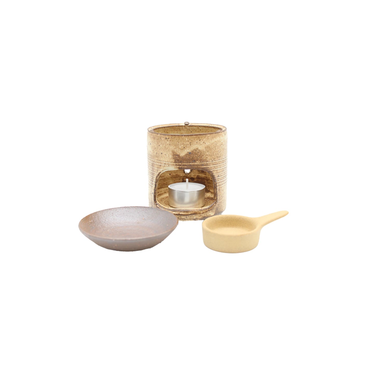 The Chakouro Rustic Brown Japanese Tea Burner features a ceramic design with a tealight candle, brown dish, and beige scoop, reflecting traditional Japanese style. Displayed on a white background.