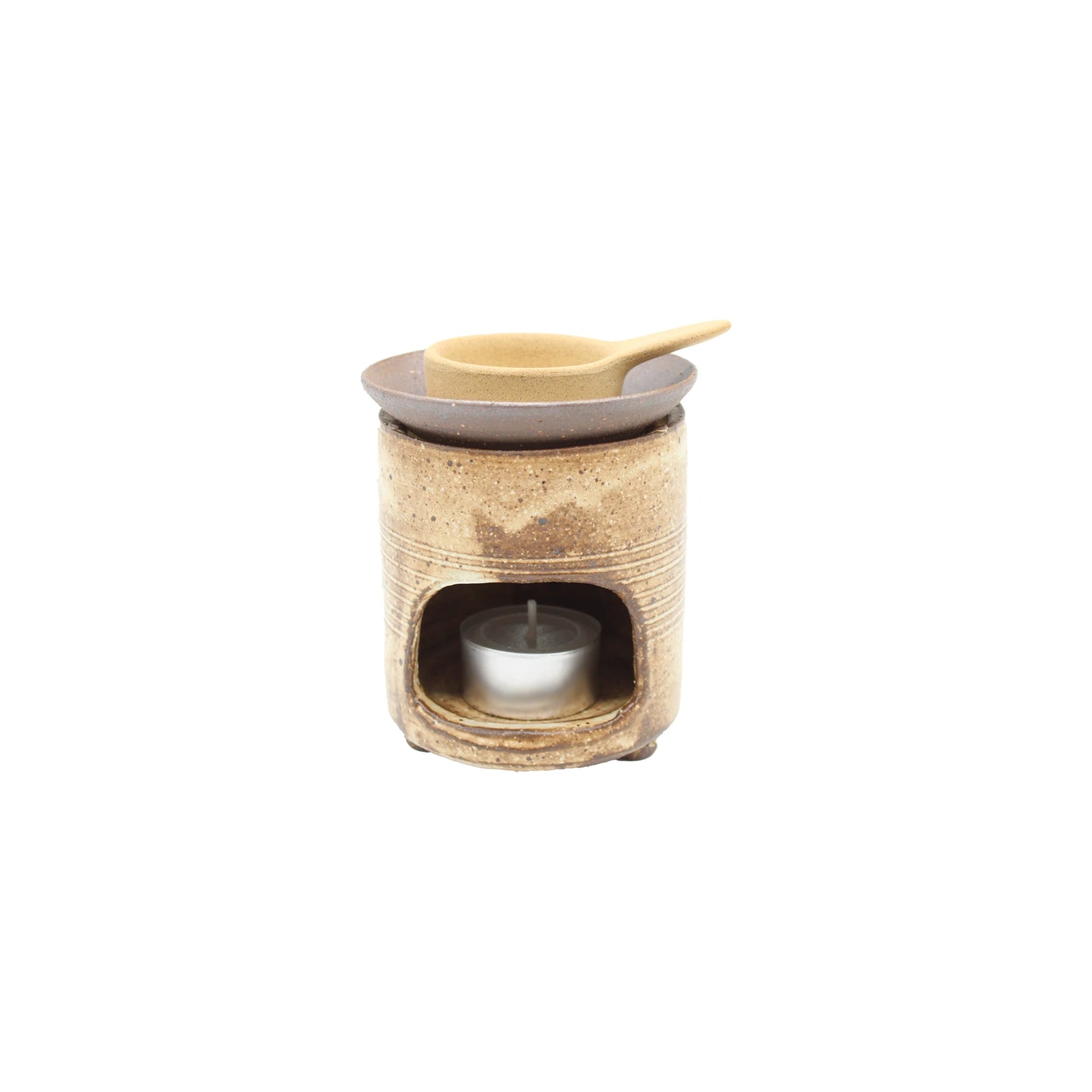 
                  
                    The Chakouro Rustic Brown Japanese Tea Burner features a round ceramic bowl, traditional Japanese design, a small wooden spoon on top, and a tealight candle nestled inside the base.
                  
                