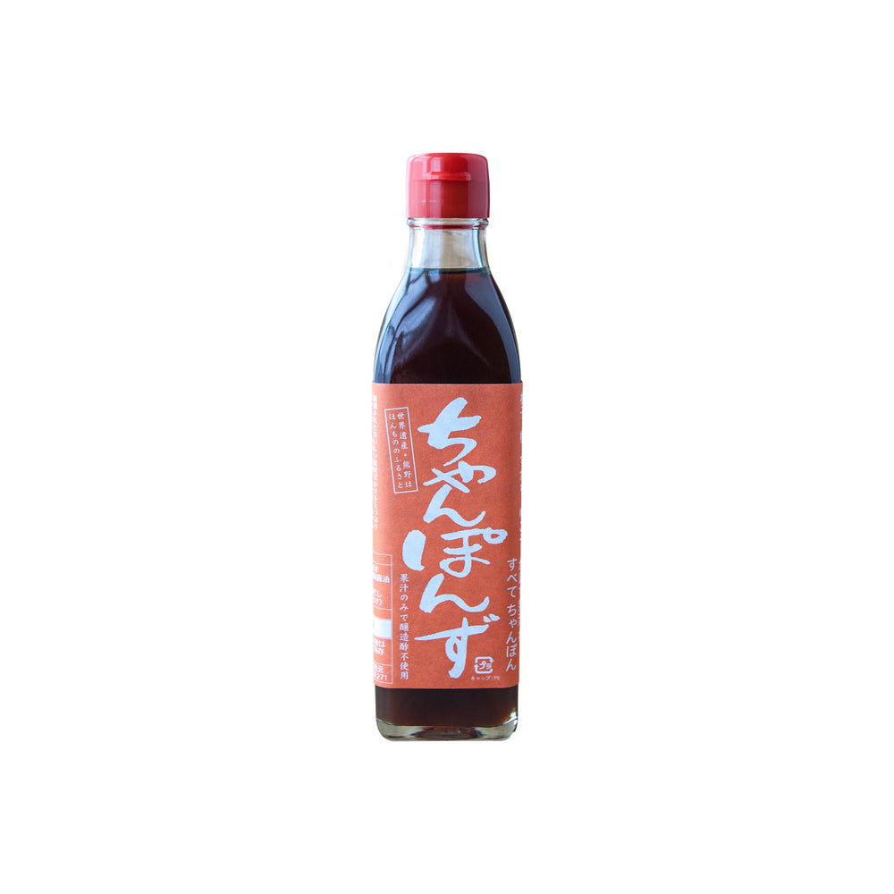 A bottle of Champonzu, Mixed Citrus Ponzu Sauce, with a red cap and an orange label featuring white Japanese text, made from Japanese citrus fruits, stands upright on a white background.
