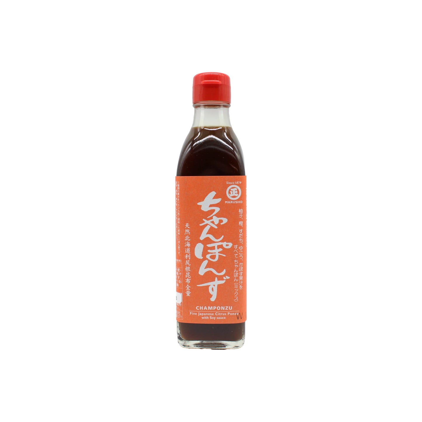 A glass bottle of Champonzu Mixed Citrus Ponzu Sauce with a red cap and an orange label featuring Japanese text, set against a white background.