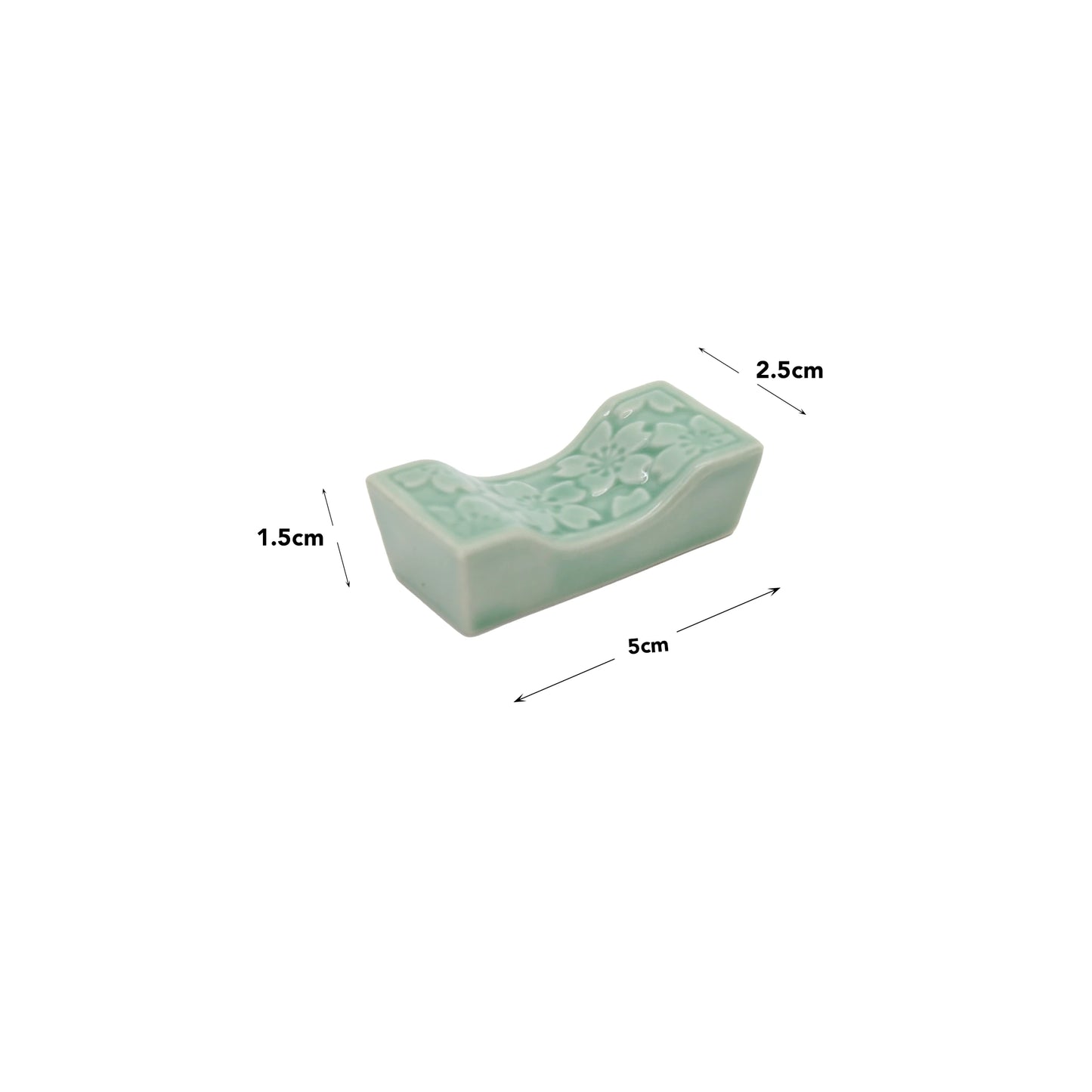 Chopstick Rest - Sakura Pattern in Celadon Green, measuring 5 cm x 2.5 cm x 1.5 cm, features a delicate sakura design on ceramic.