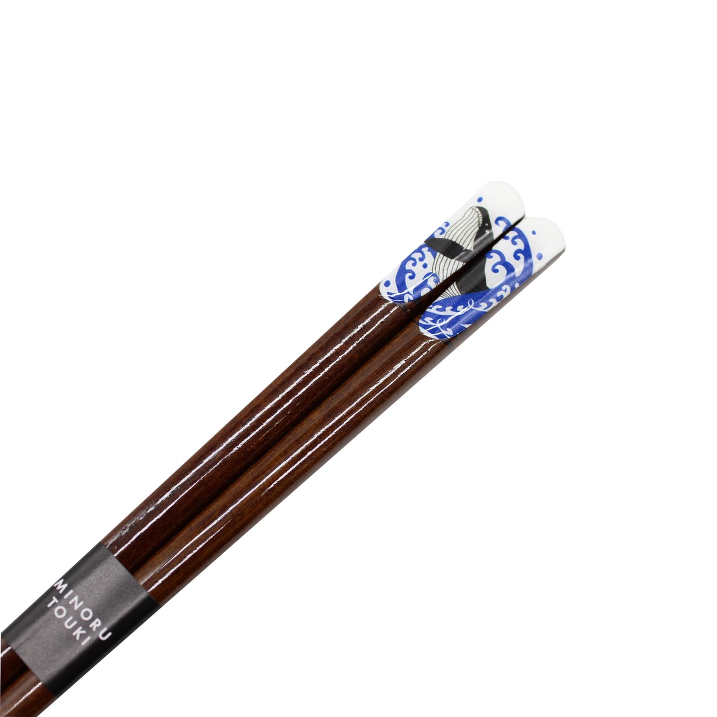 A pair of dark wood chopsticks featuring a whale design and labeled “MINORU TOKU”—the ideal choice for enjoying sushi at any meal.