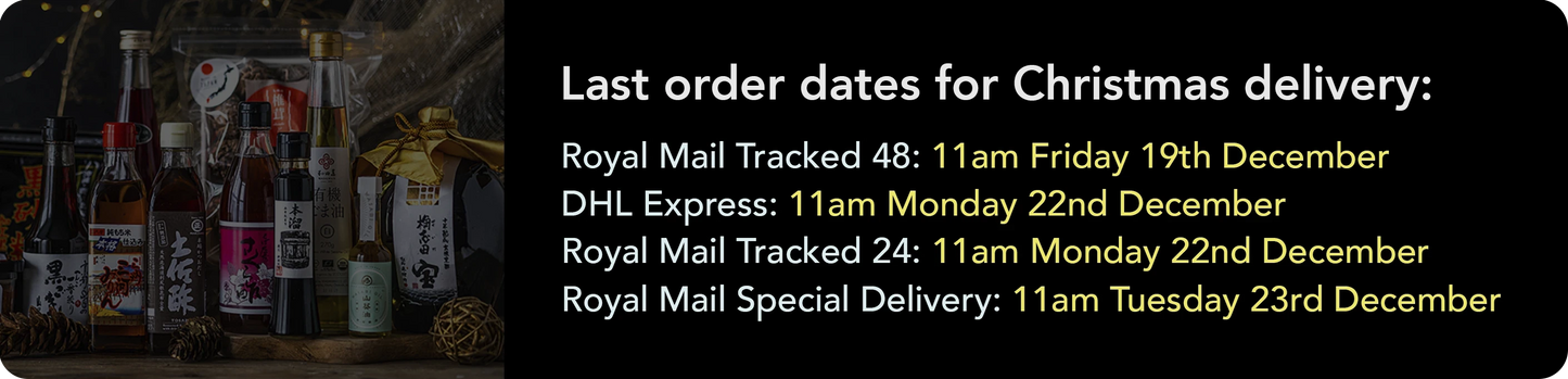 Image showing Christmas delivery deadlines for various shipping options, with the latest being Royal Mail Special Delivery at 11am on Tuesday 23rd December. Bottles and packaging appear on the left.