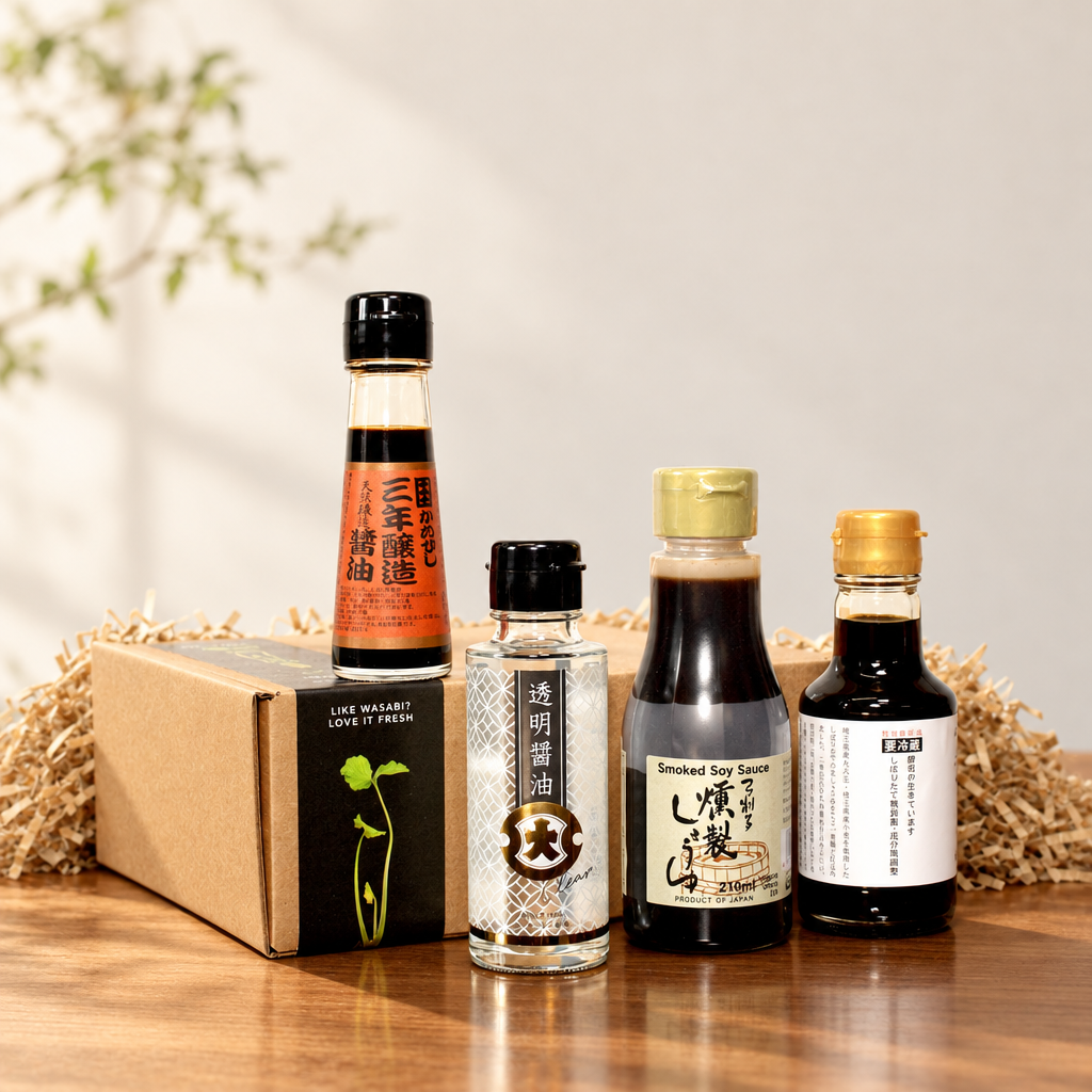 
                  
                    Four bottles from the Connoisseurs Soy Sauce Collection, including one clear version and one smoked variety, arranged in front of a cardboard shipping box.
                  
                