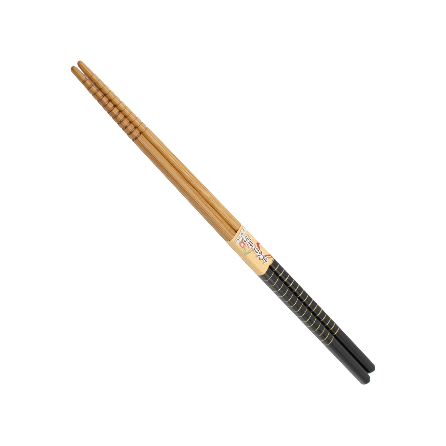 A pair of Cooking Chopsticks - Black Wood with black and gold accented handles, displayed side by side on a white background—perfect for Japanese cuisine and ideal as Saibashi.