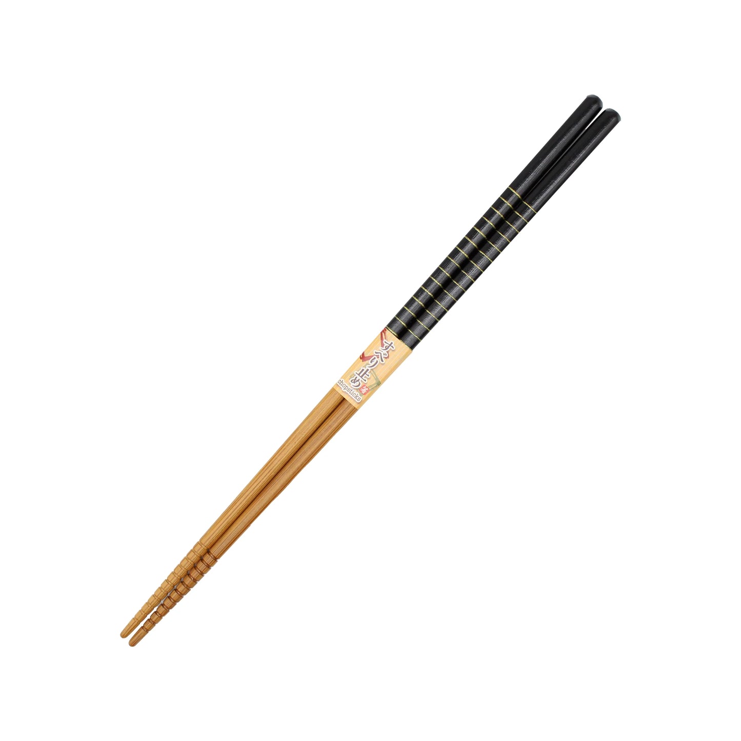 A pair of Cooking Chopsticks - Black Wood featuring a textured grip and small decorative label—perfect for Japanese cooking.