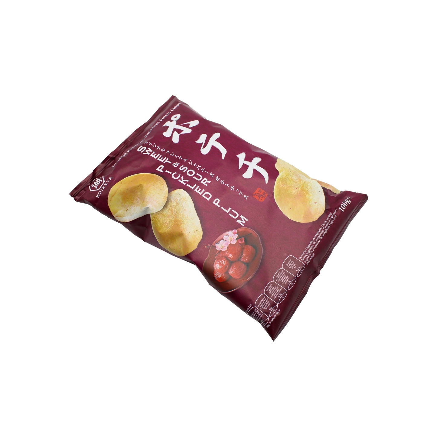 Japanese Crisps - Sweet & Sour Pickled Plum 100g come in a maroon package with white Japanese text and images of crisps and plums, offering the tangy-sweet taste of pickled plum.