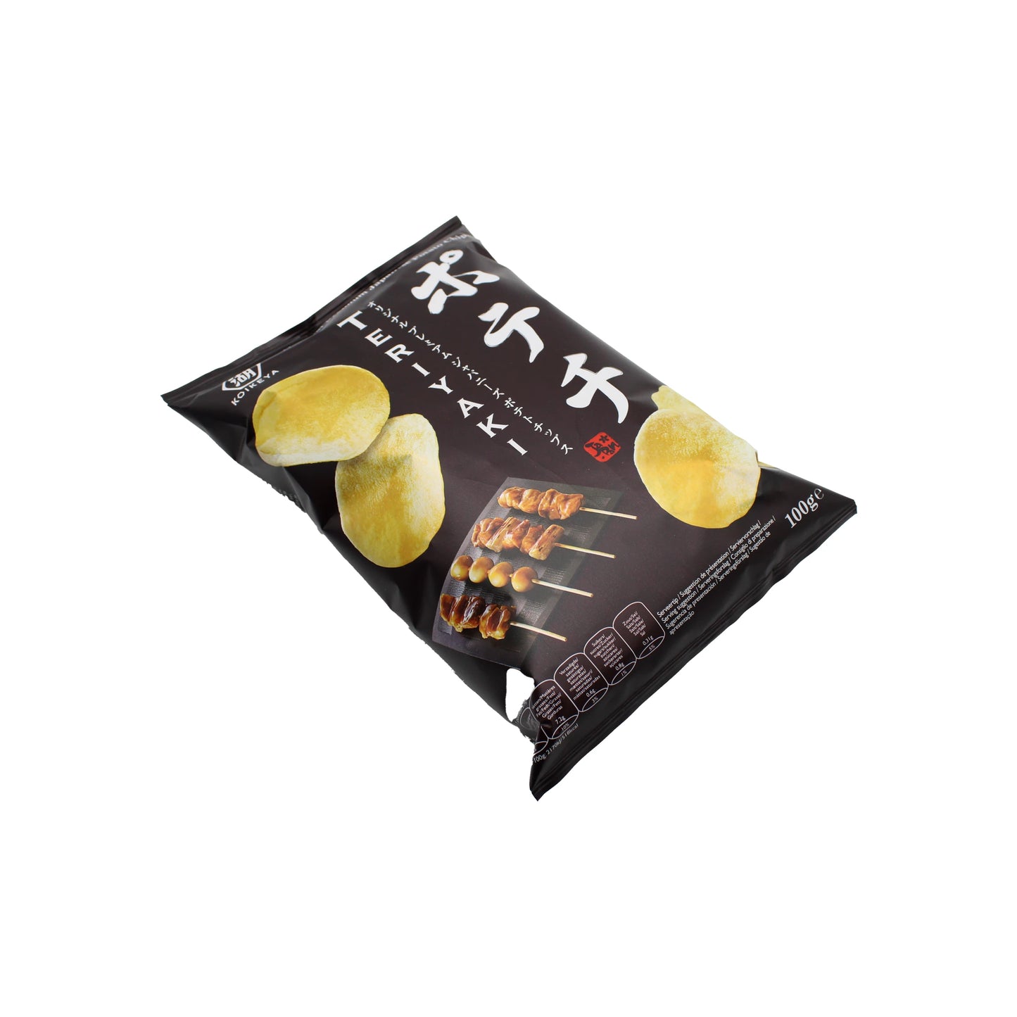 A 100g black bag of Japanese Crisps - Teriyaki featuring images of potato chips and skewered grilled food on the packaging.