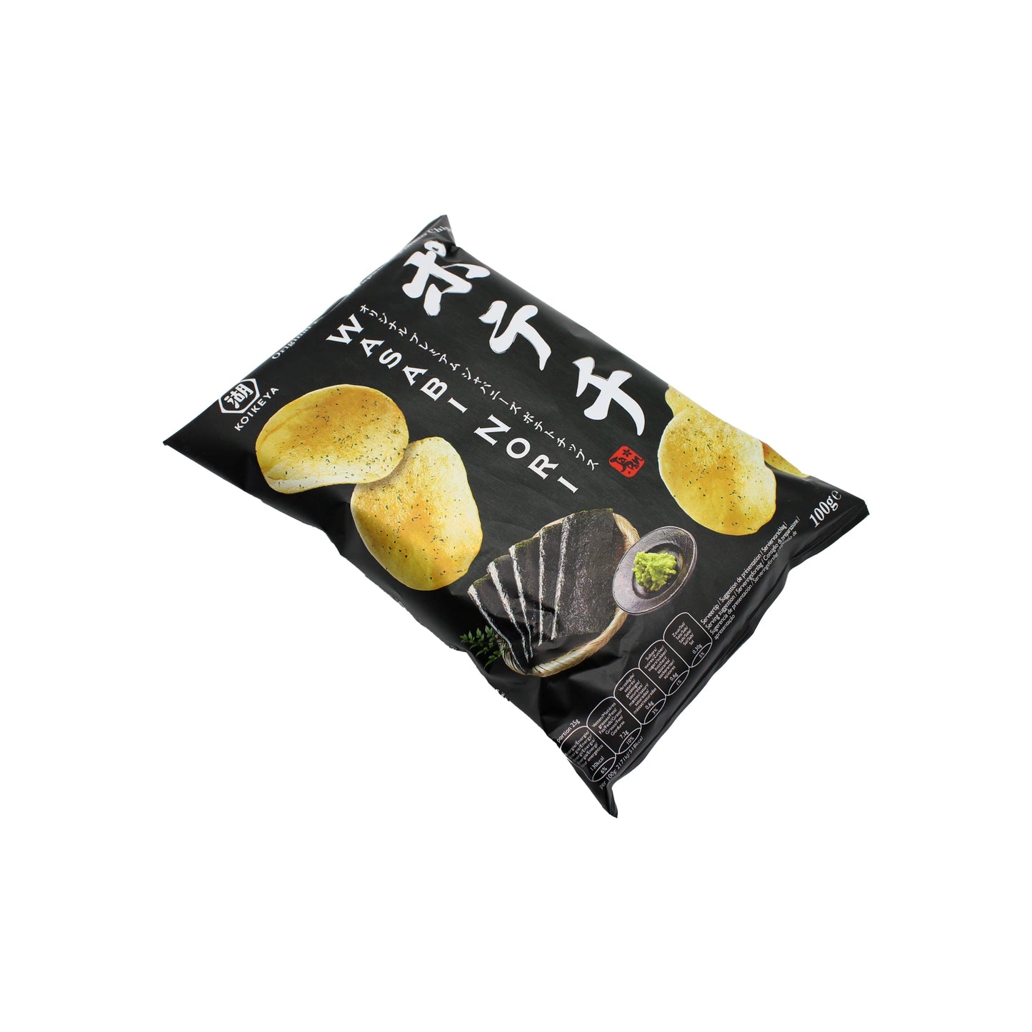 A 100g black bag of Japanese Crisps - Wasabi & Nori Seaweed, featuring chips and seaweed images with Japanese text—ideal for anyone craving umami-rich, wasabi nori savoury snacks.