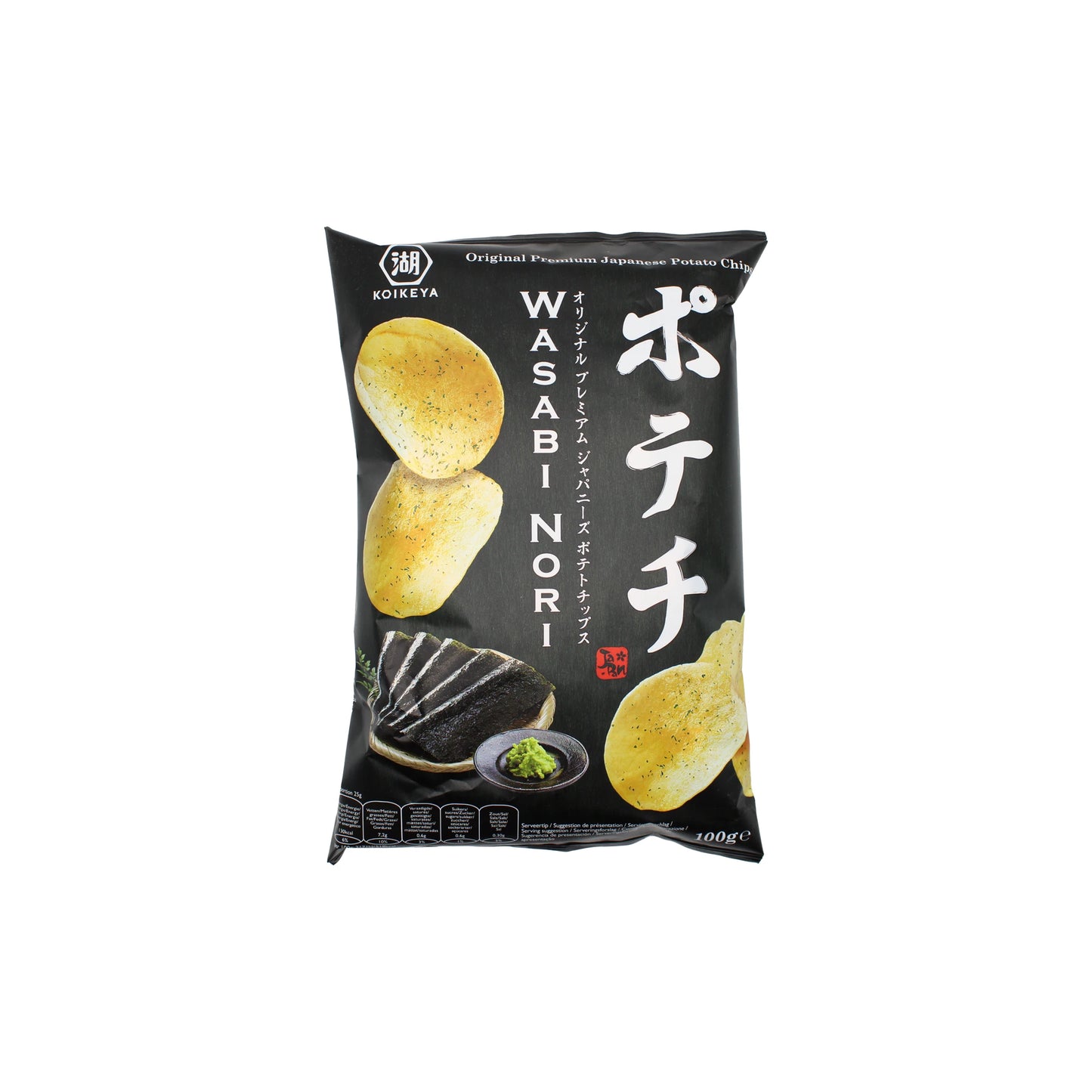 A 100g bag of Japanese Crisps - Wasabi & Nori Seaweed, featuring wasabi and seaweed flavors—ideal for those who love savoury, umami snacks.