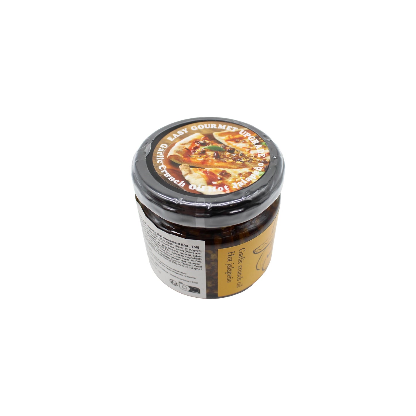 
                  
                    A 110g jar of Crispy Garlic & Hot Jalapeno Chilli Condiment with a black lid, featuring food imagery—perfect for adding a spicy kick of garlic and jalapeño to your favorite dishes.
                  
                