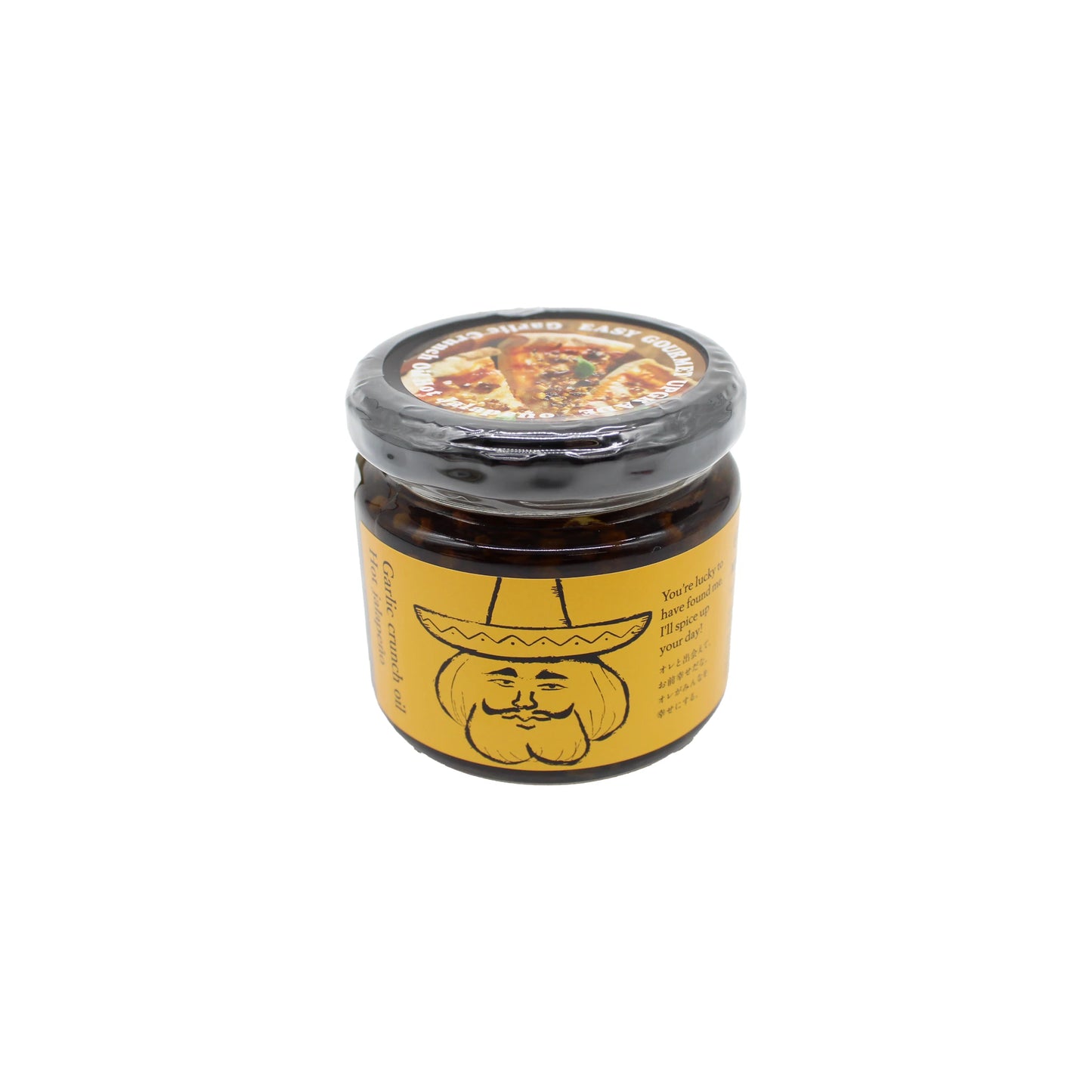 
                  
                    Crispy Garlic & Hot Jalapeno Chilli Condiment - 110g comes in a small glass jar with a yellow label and cartoon face in a sombrero. The sealed lid features food imagery, hinting at the zesty garlic and jalapeño flavors inside.
                  
                