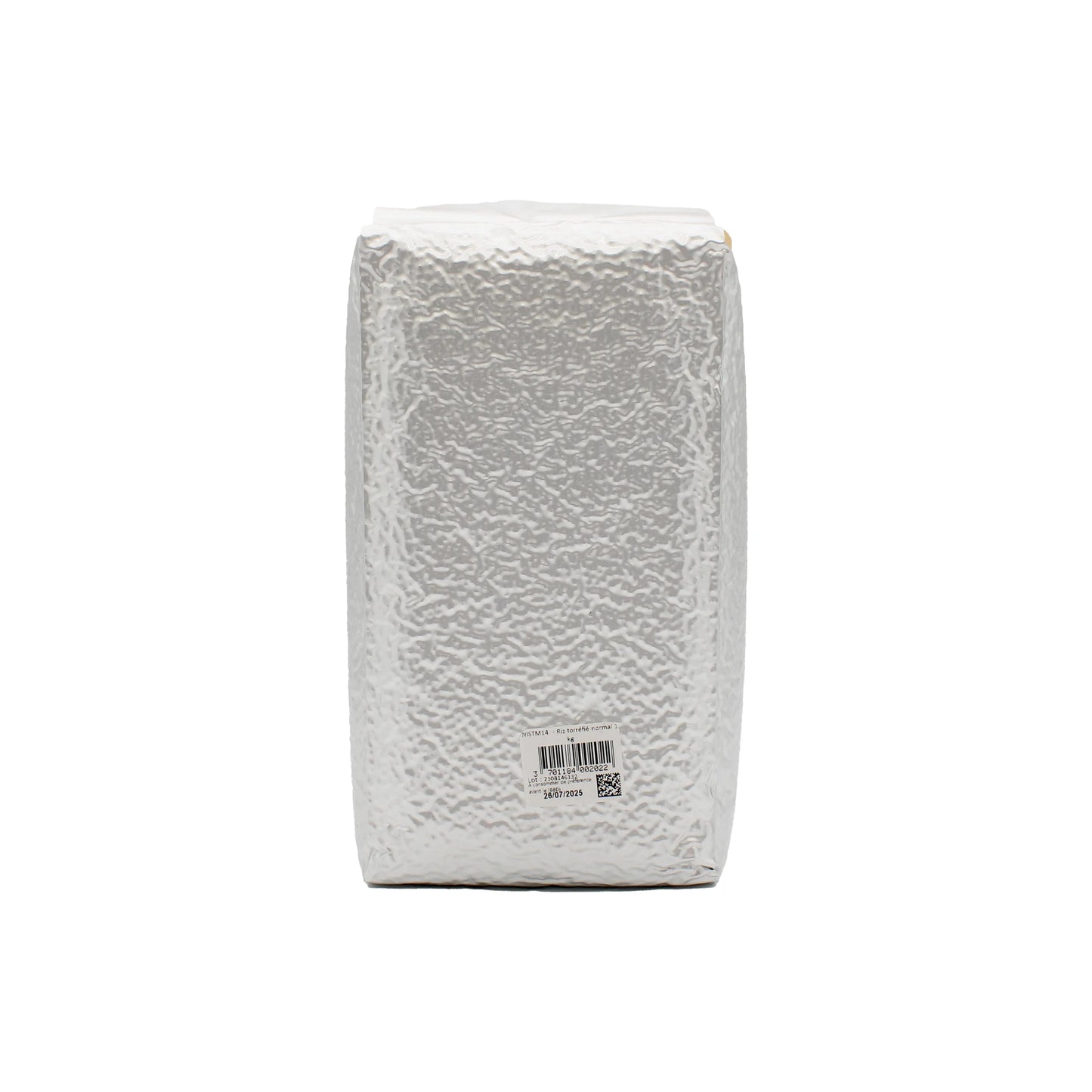 
                  
                    A silver, rectangular package with a textured surface stands upright, featuring barcode and QR code labels—ideal for storing Crispy Roasted Rice, a popular Japanese condiment.
                  
                
