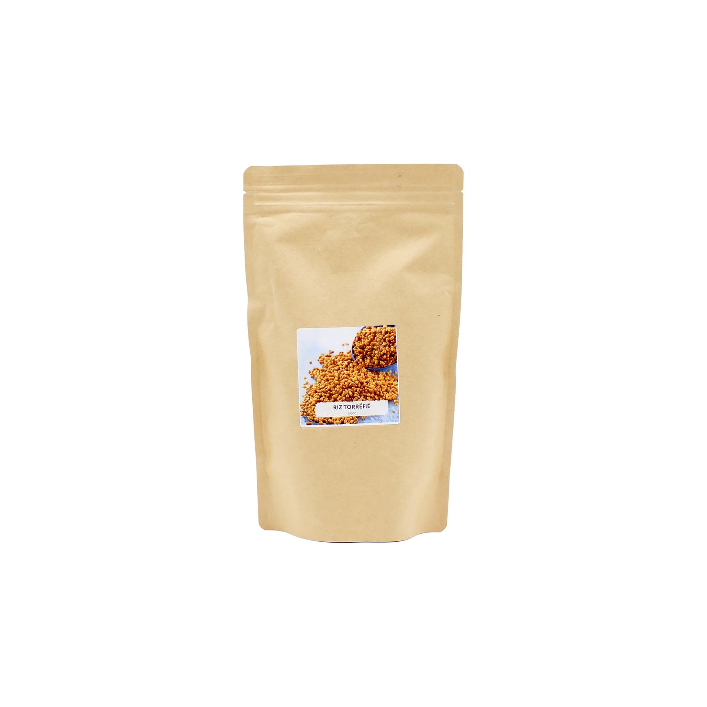 A brown resealable pouch labeled Crispy Roasted Rice is shown against a plain white background, inspired by okoge and featuring an image of granola.