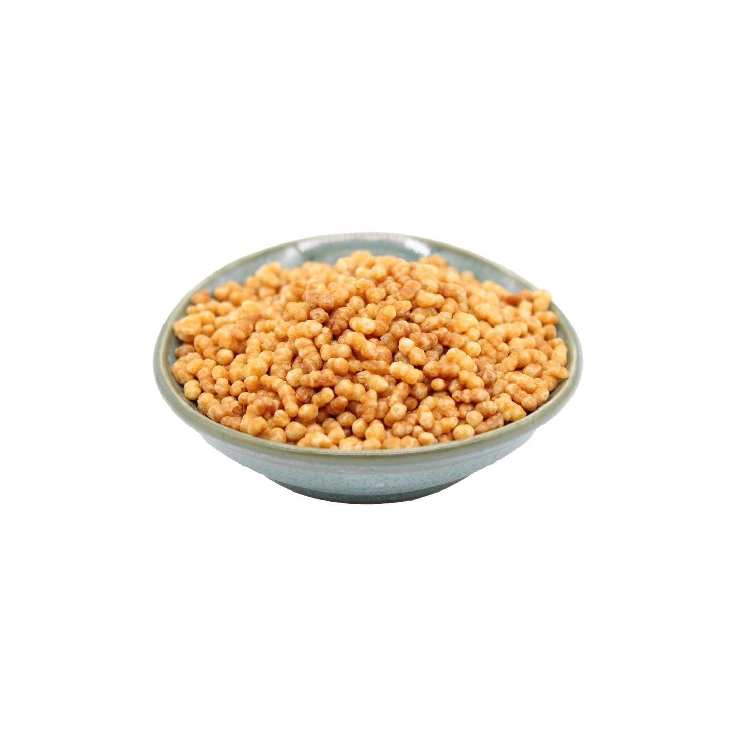 A small bowl filled with Crispy Roasted Rice—round, golden-brown pieces reminiscent of Japanese okoge—isolated on a white background.
