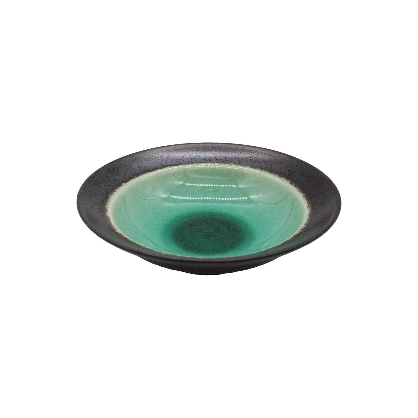 The Small Deep Plate - Cyan Bottom Minoyaki Umi is a handcrafted Minoyaki earthenware plate with a dark rim and glossy green interior, featuring a white base and shallow design.