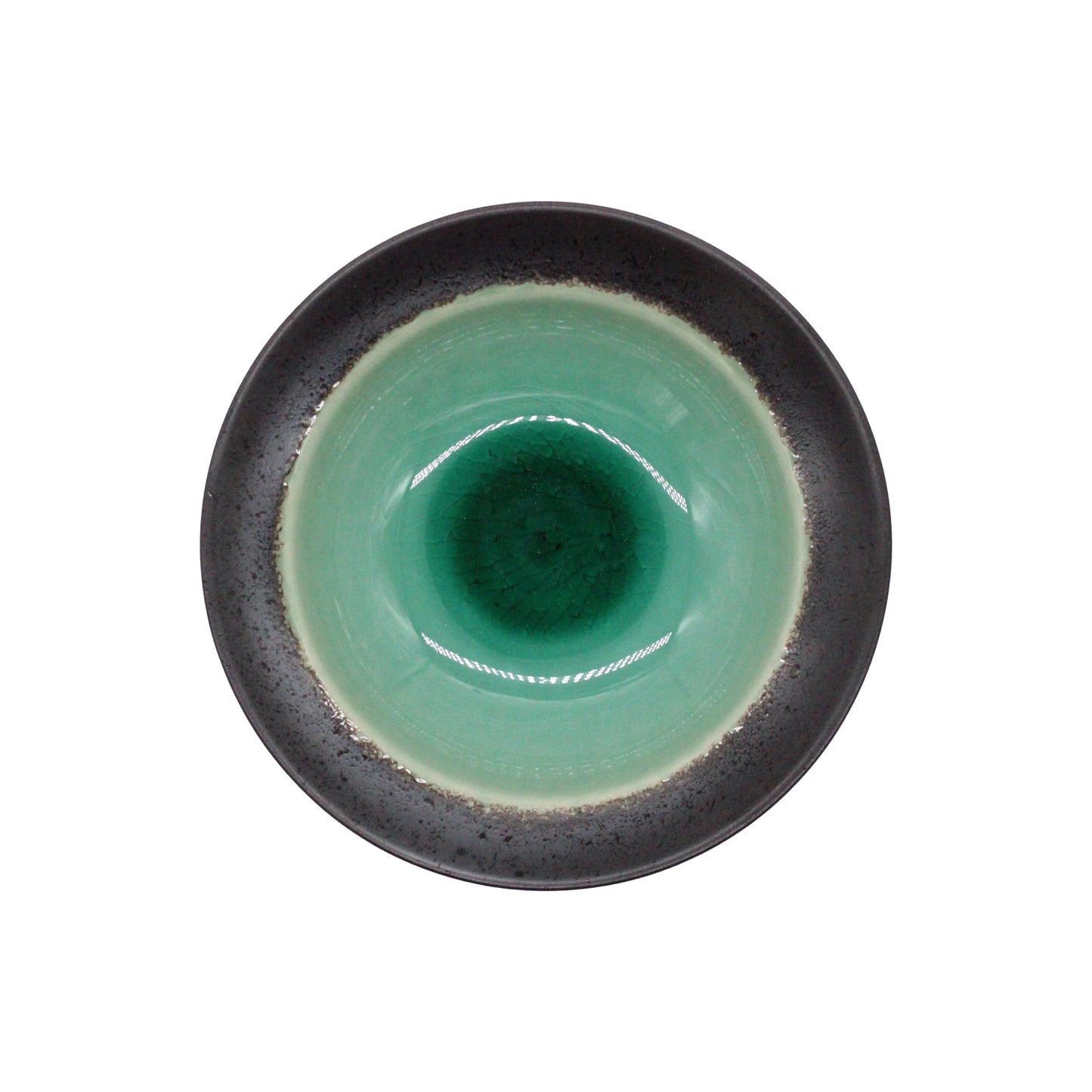 The Small Deep Plate - Cyan Bottom Minoyaki Umi features a handcrafted design with a gradient green interior and dark rim, beautifully highlighting Minoyaki earthenware when viewed from above against a white background.