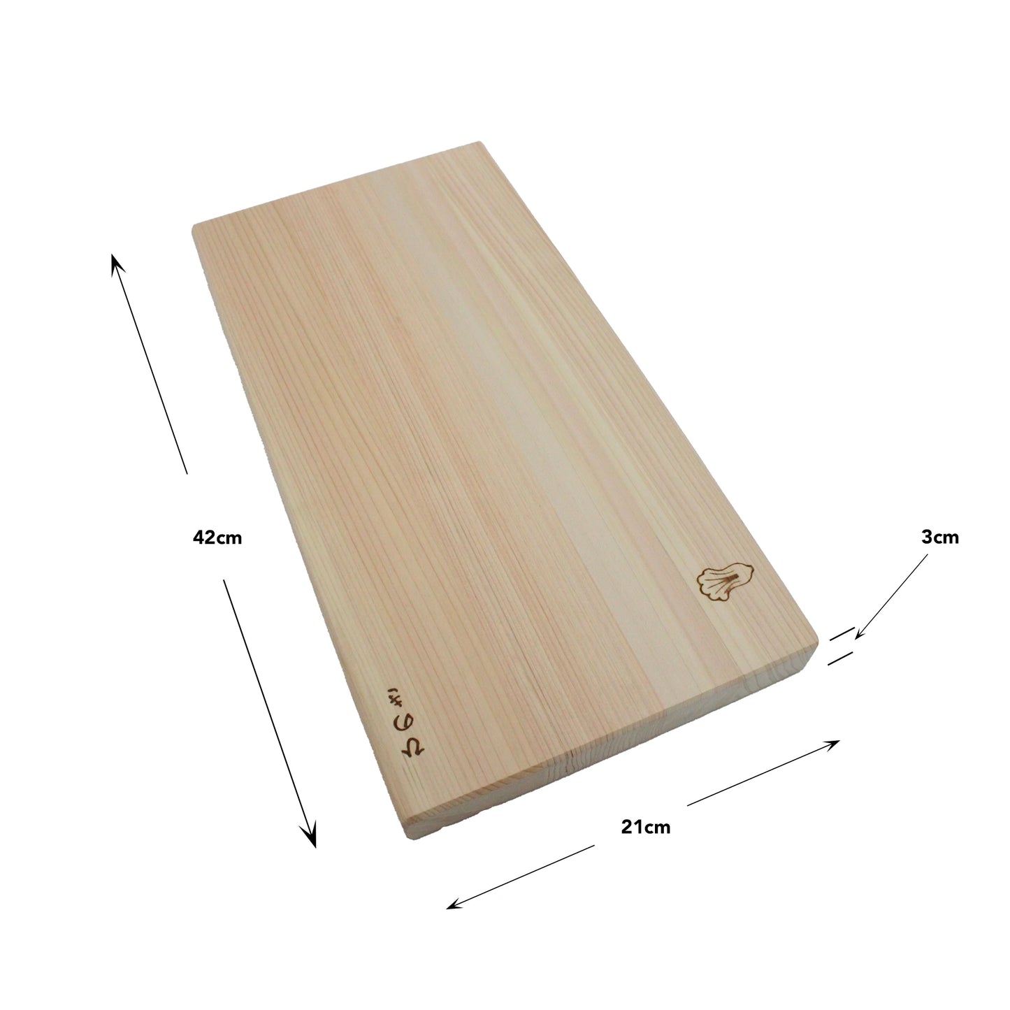 
                  
                    The Cypress Hinoki Cutting Board - Professional is handcrafted in Japan from natural cypress wood, sized 42×21×3 cm, and features a small chefs hat logo engraved on one corner.
                  
                