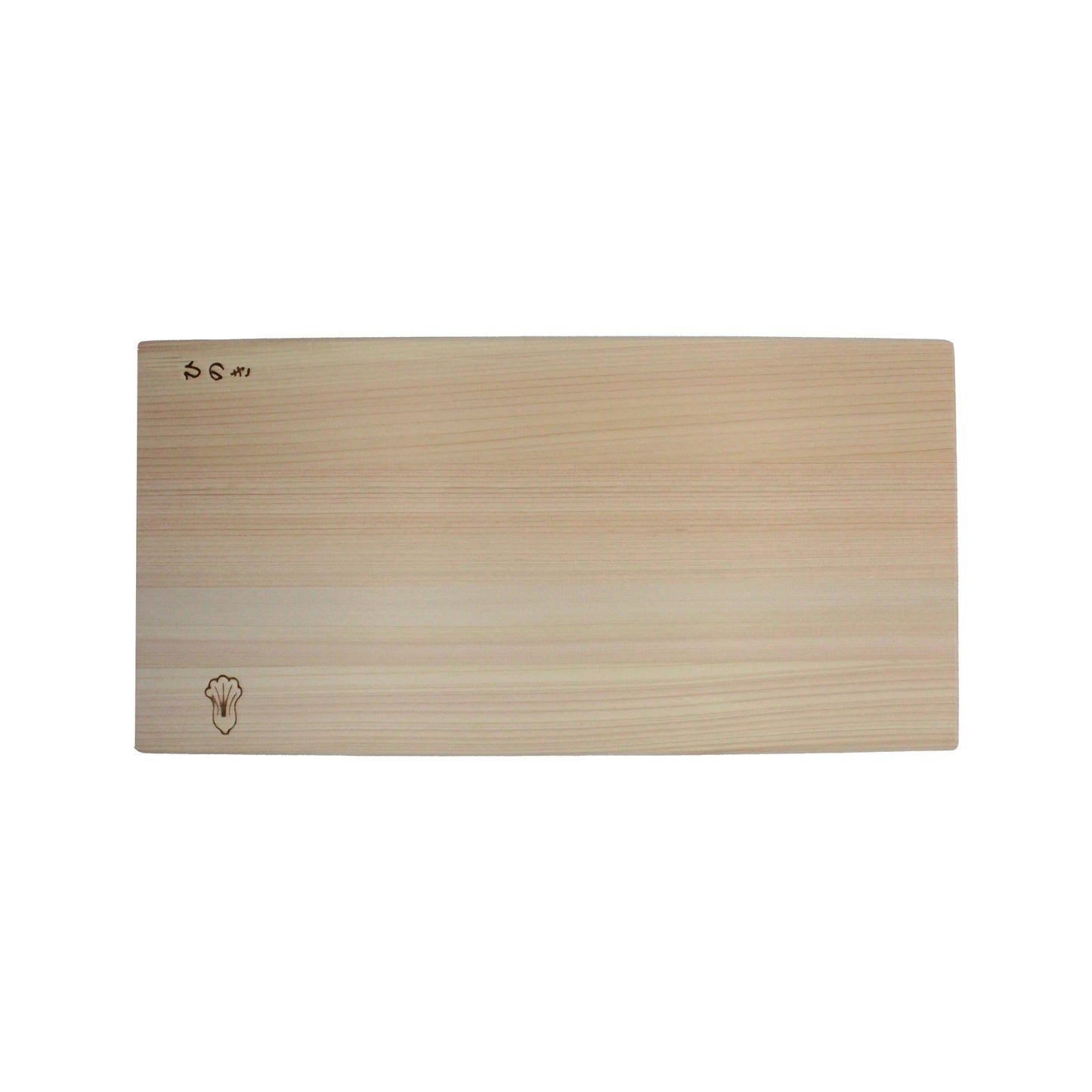 The Cypress Hinoki Cutting Board - Professional is a rectangular, handcrafted Japanese board made from cypress wood, with a small engraved logo and symbols in the top left corner, shown on a white background.