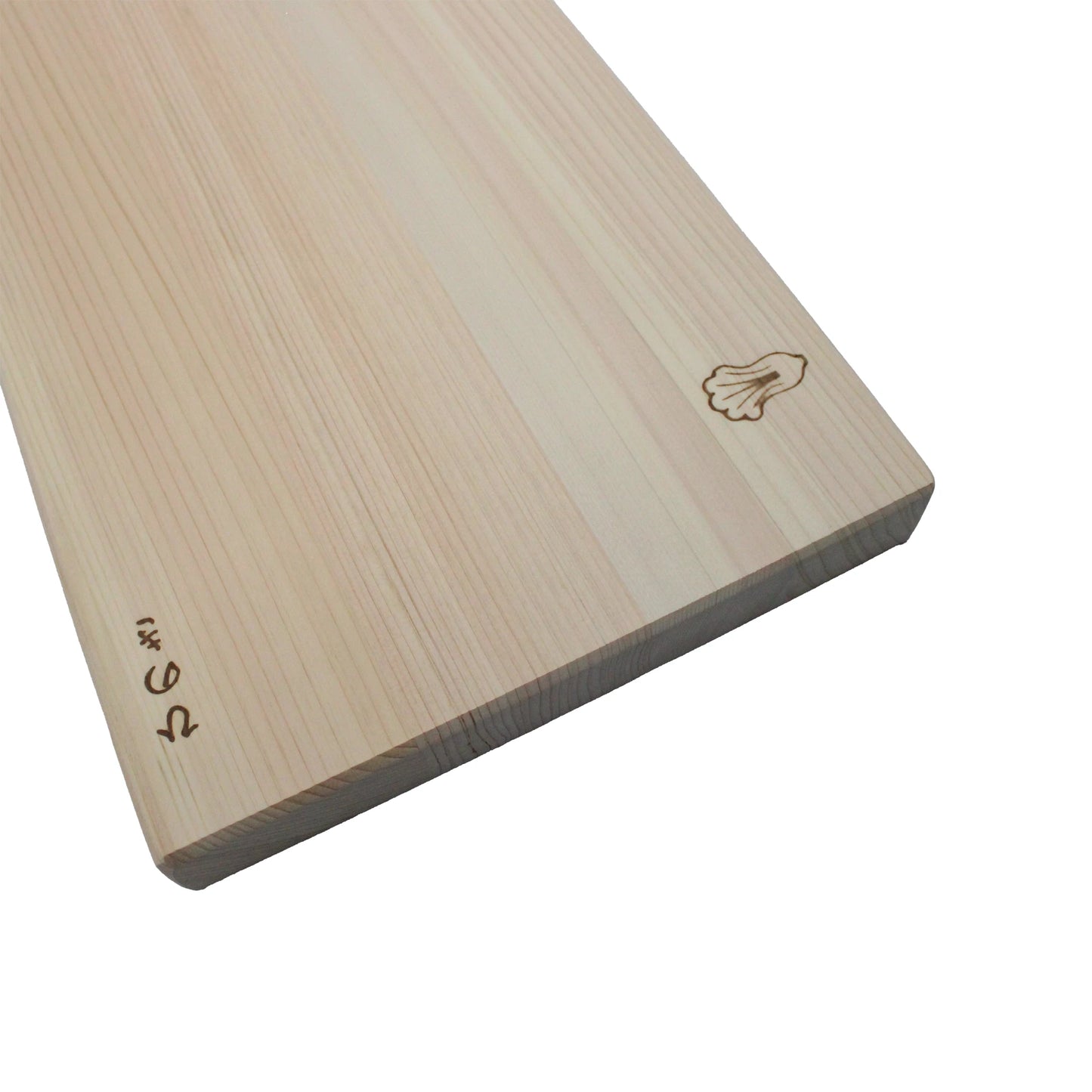 
                  
                    The Cypress Hinoki Cutting Board - Professional is a rectangular, handcrafted Japanese cypress board with engraved symbols—a shell and Japanese characters—in the corner, pictured against a white background.
                  
                
