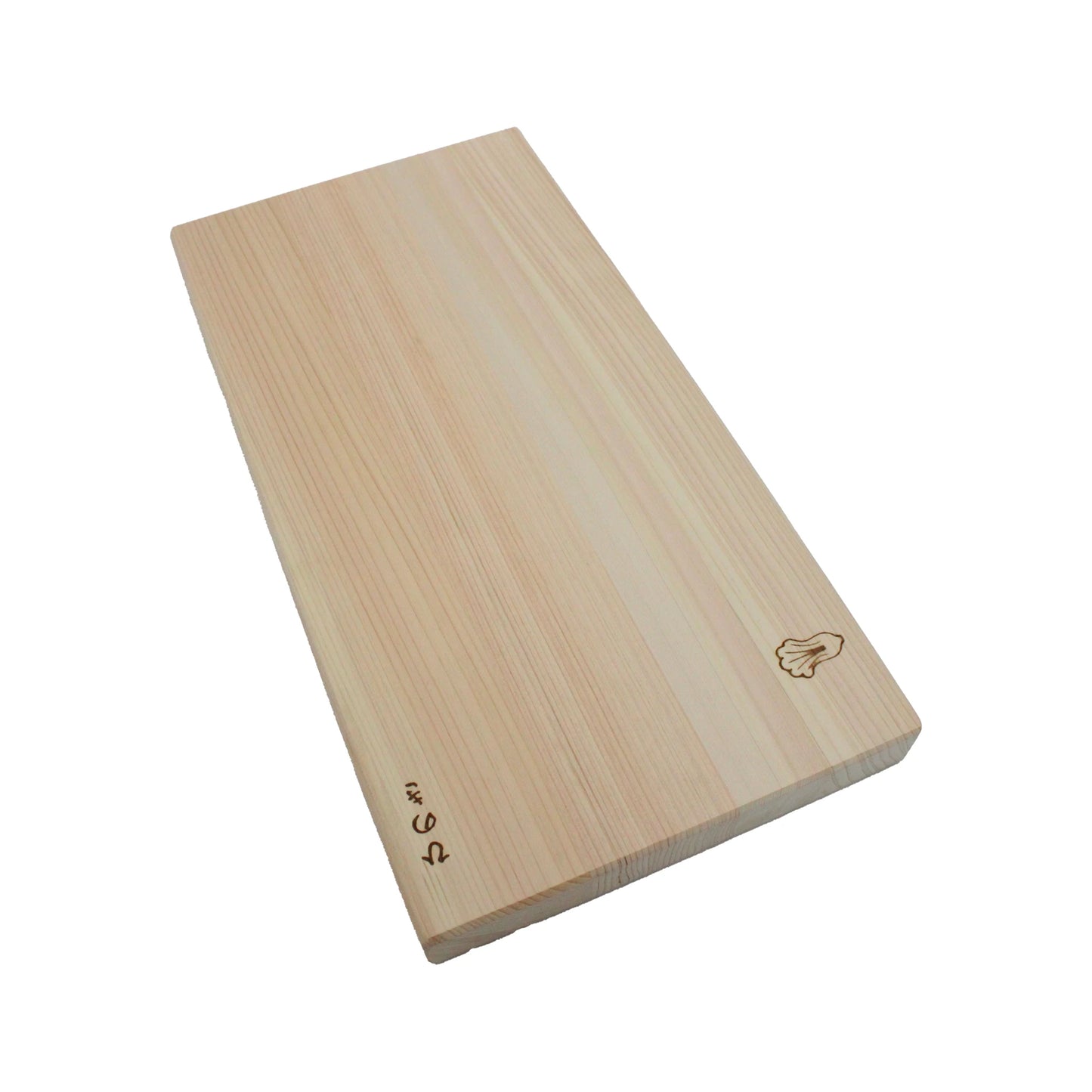 The Cypress Hinoki Cutting Board - Professional is a rectangular, handcrafted Japanese board made from light cypress wood with a natural finish and subtle logo and corner markings.
