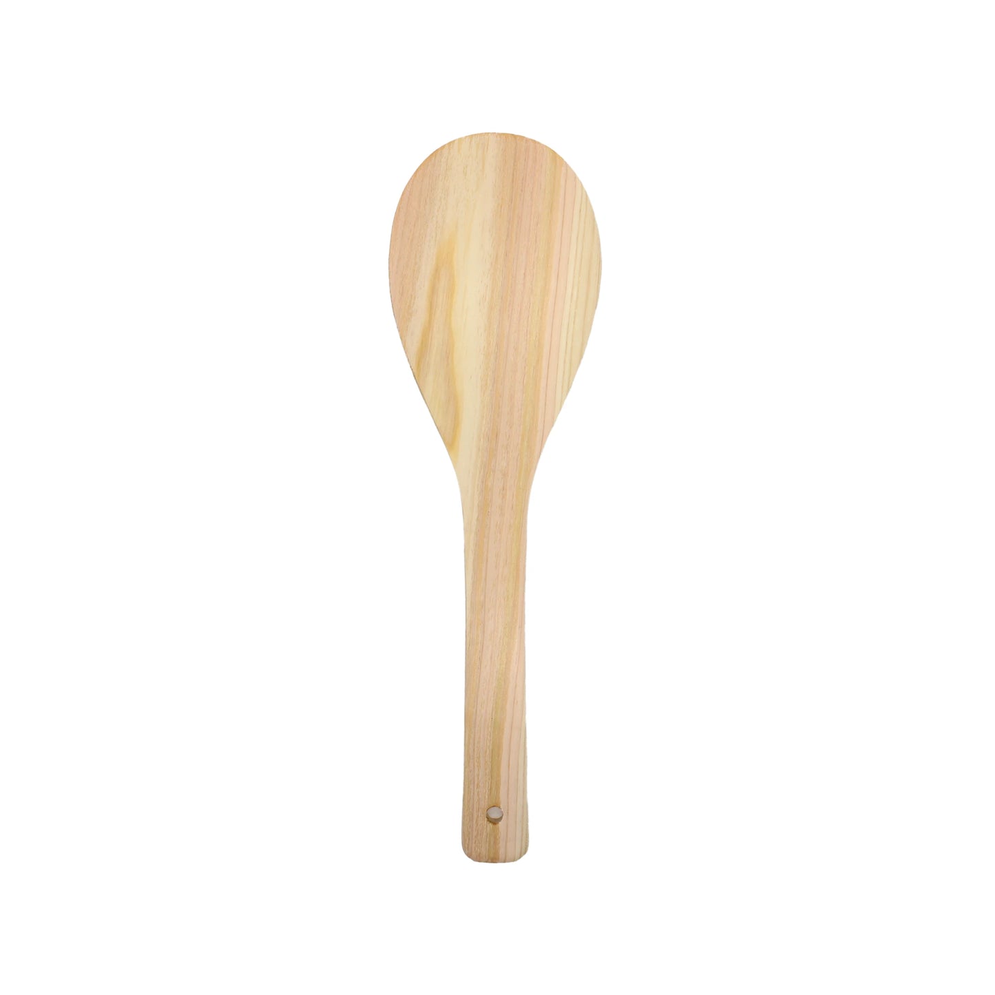 The Cypress Hinoki Large Rice Spatula features a wide, flat head and a handle with a hole at the end, shown on a white background—perfect for non-stick rice cookers.