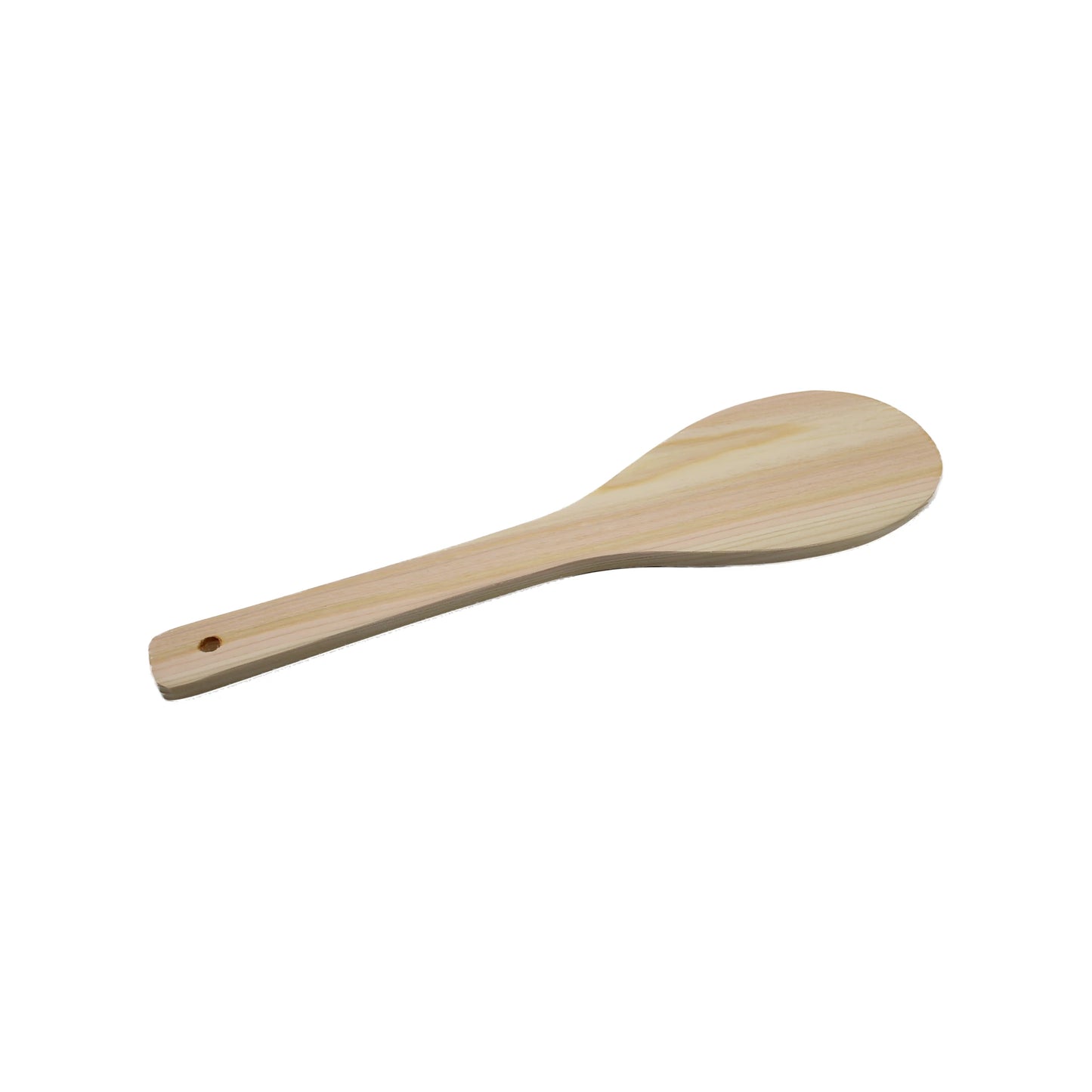 A large Cypress Hinoki rice spatula with a hole at the handles end, set against a white background.