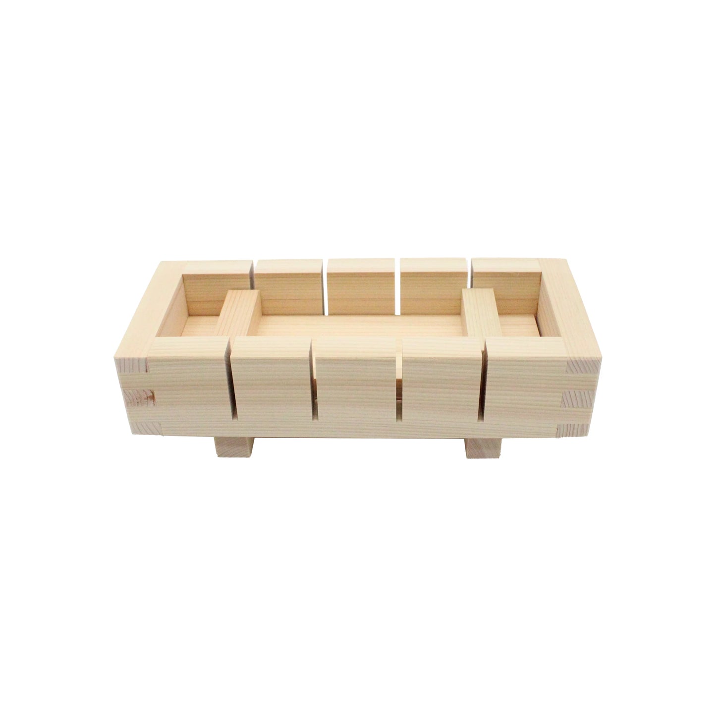 The Cypress Hinoki Oshizushi Press is a rectangular wooden tool with square and rectangular cutouts, set on four short legs, used for making pressed sushi (Oshizushi), shown against a white background.