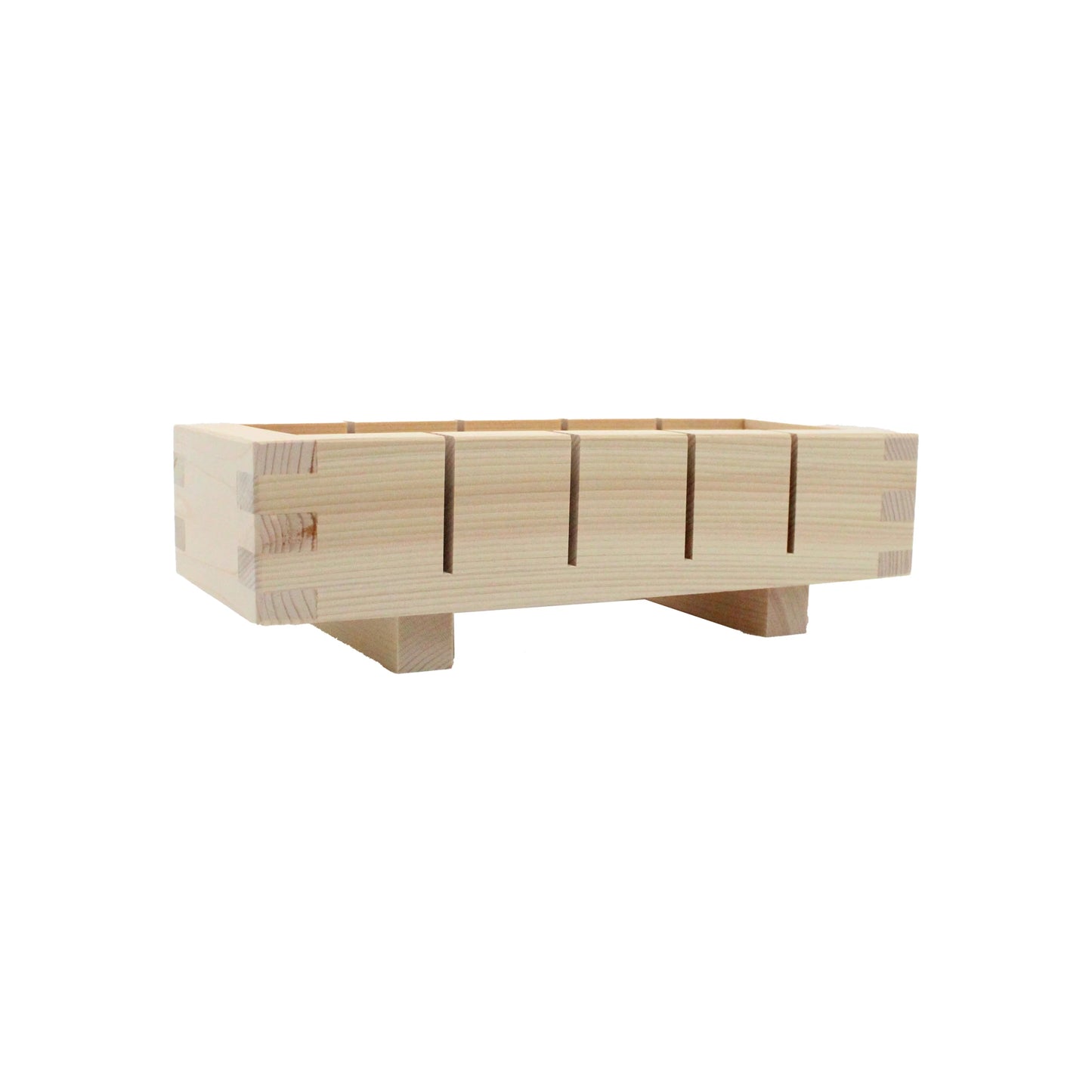 
                  
                    The Cypress Hinoki Oshzushi Press is a small wooden box with slotted sides and short legs, perfect for making pressed sushi or Oshizushi, shown against a white background.
                  
                