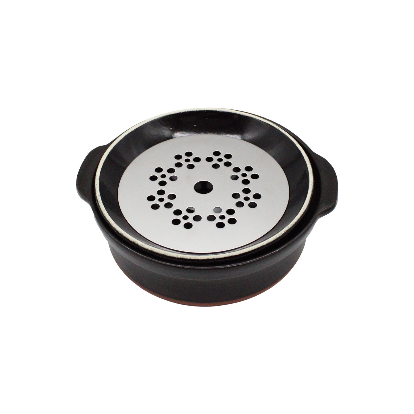 
                  
                    A round black earthenware donabe pot with handles, featuring a white brushstroke design and topped with a removable silver lid with circularly arranged holes.
                  
                