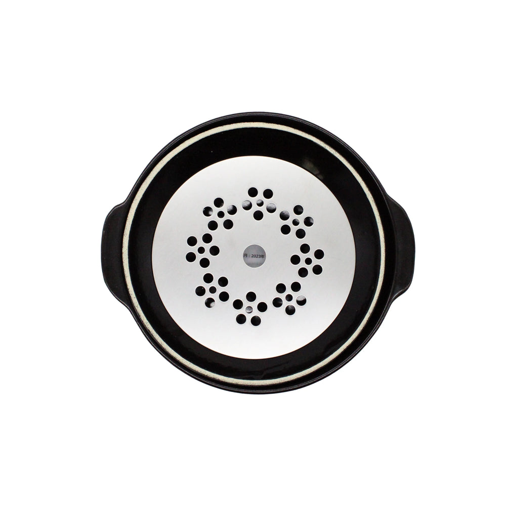
                  
                    A round black earthenware donabe pot with a white brushstroke design, seen from above, features two handles—ideal for Japanese one-pot cooking and perfect for draining dishes after use.
                  
                