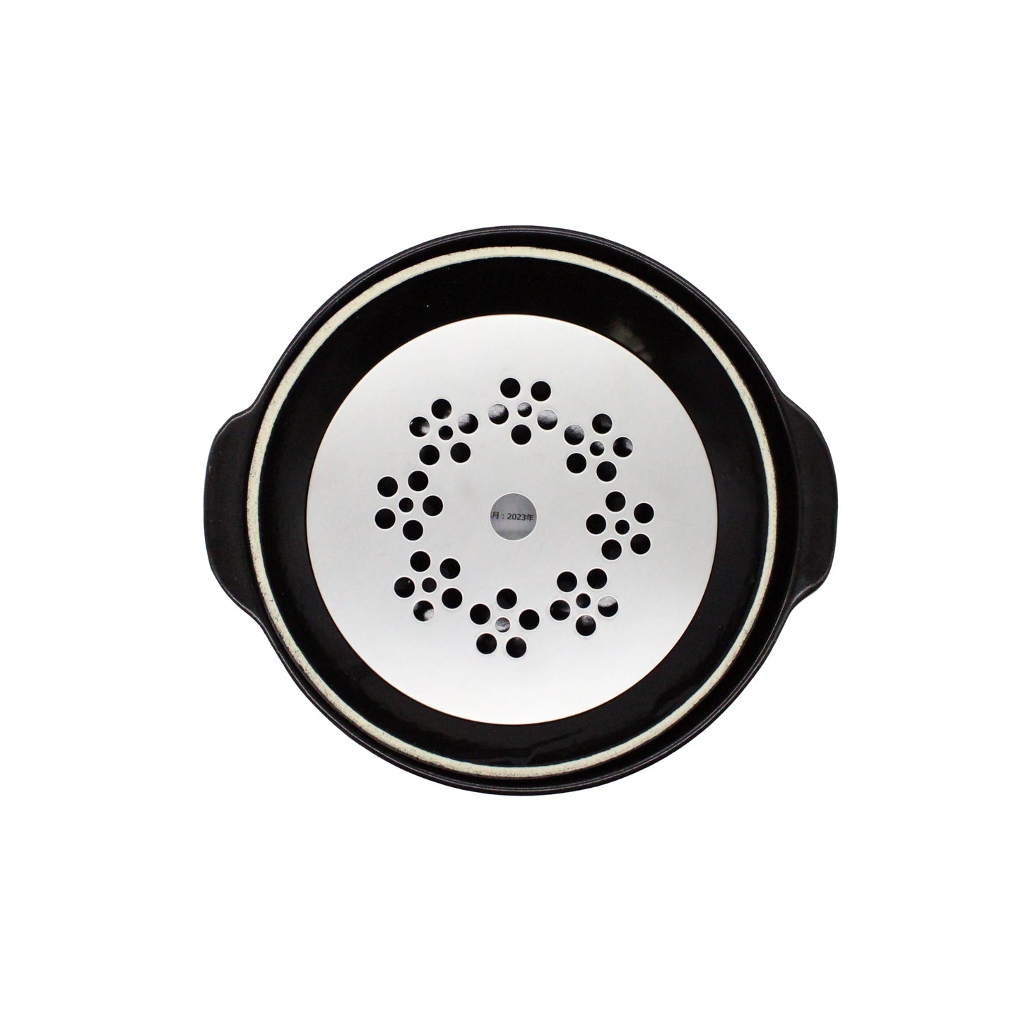 
                  
                    A round black earthenware donabe pot with a white brushstroke design, seen from above, features two handles—ideal for Japanese one-pot cooking and perfect for draining dishes after use.
                  
                