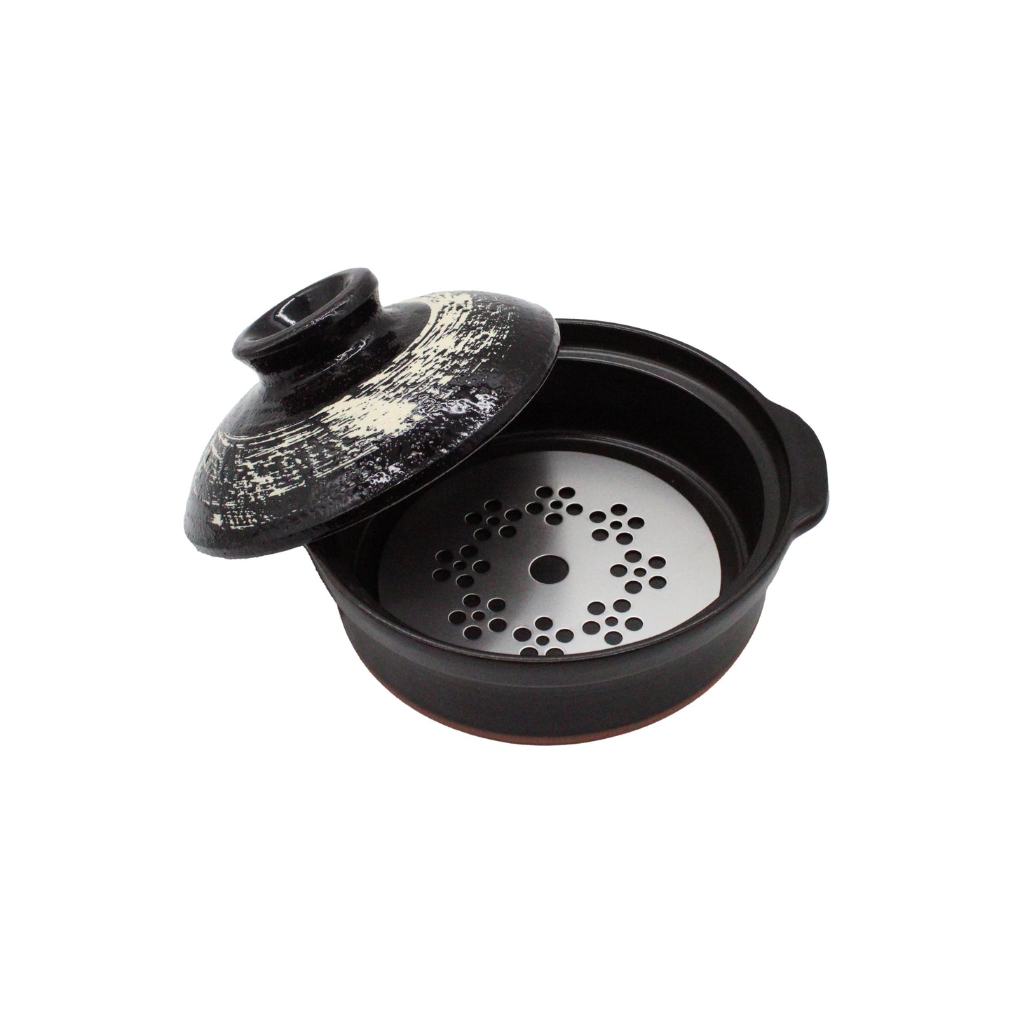 The Black Earthenware Donabe Pot with White Brushstroke Design features a partially open black ceramic lid, a metal steamer insert with circular holes inside, and is induction compatible for versatile cooking.