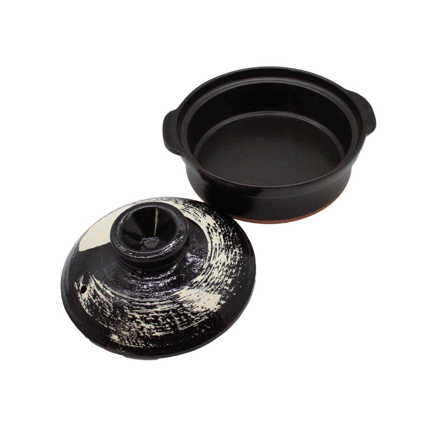 
                  
                    The Black Earthenware Donabe Pot with White Brushstroke Design features two handles and a round, partially painted lid beside it on a white background—ideal for traditional recipes and charming kitchen decor.
                  
                