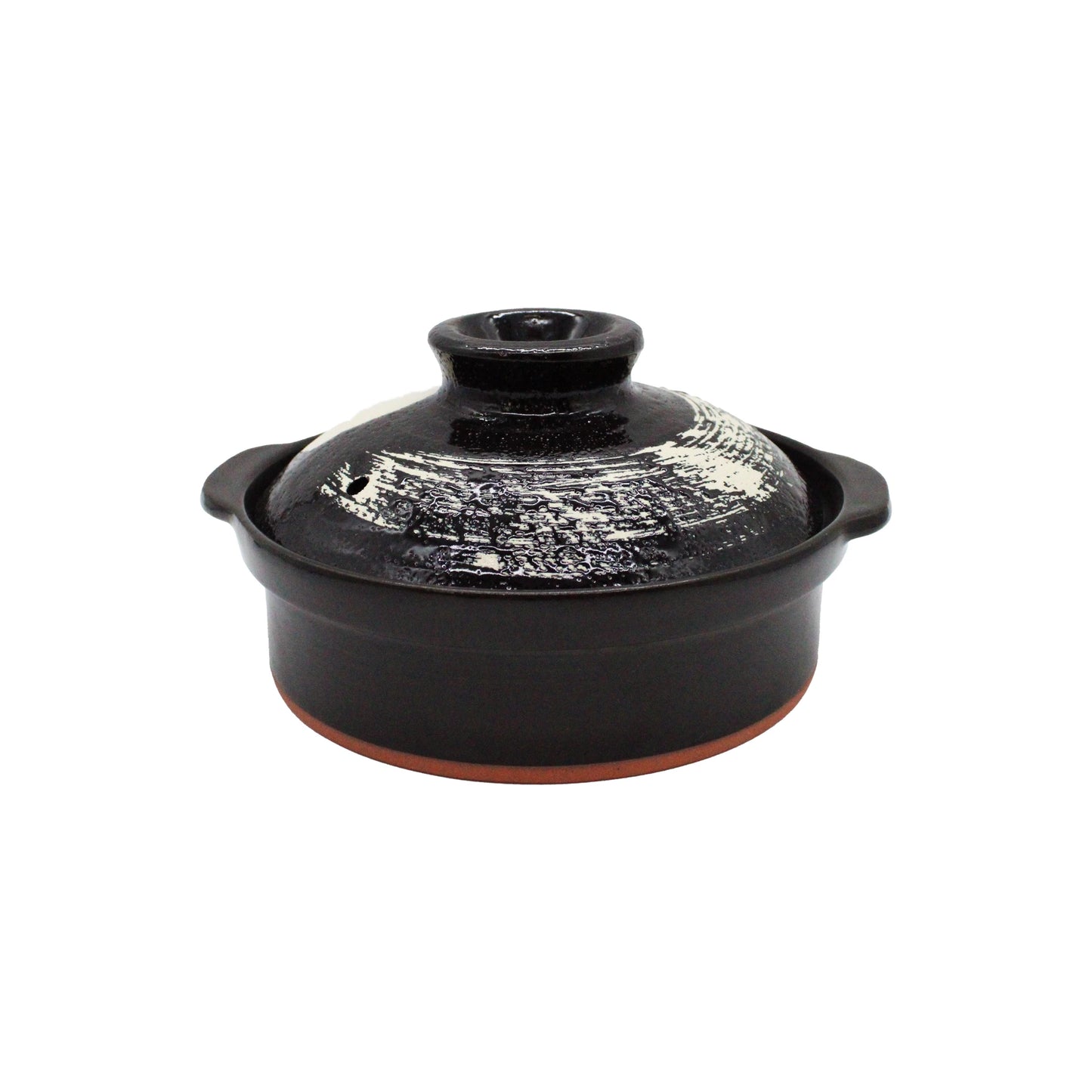
                  
                    The Black Earthenware Donabe Pot with White Brushstroke Design features two side handles, a matching lid, and a reddish-brown base, inspired by Japanese donabe style and suitable for induction cooking. Shown on a white background.
                  
                