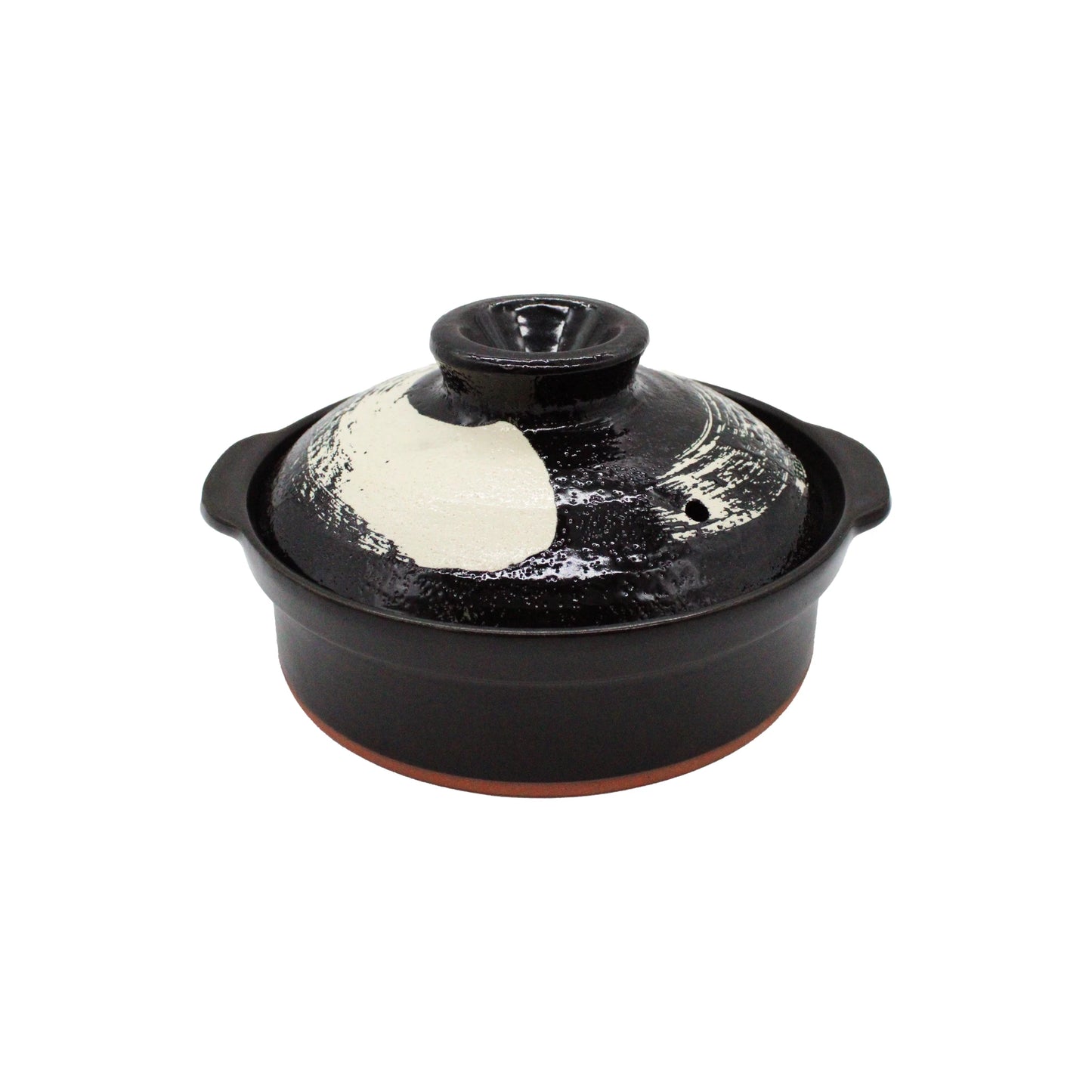 The Black Earthenware Donabe Pot with White Brushstroke Design, featuring a lid and two side handles, is shown against a white background.