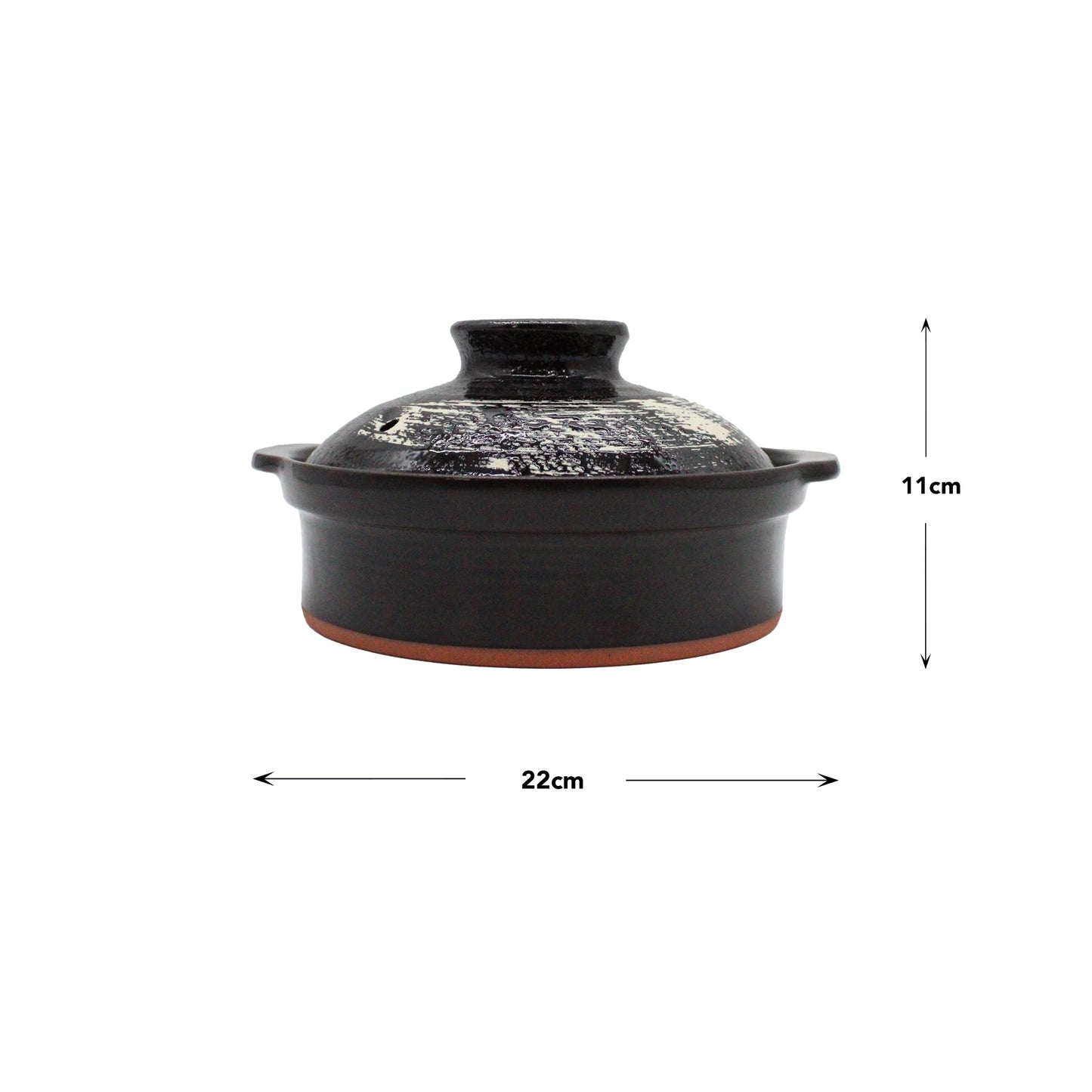 
                  
                    Black Earthenware Donabe Pot with White Brushstroke Design, featuring handles and lid, ideal for Japanese one-pot cooking. Measures 22 cm wide by 11 cm tall; shown on a white background with dimension arrows.
                  
                