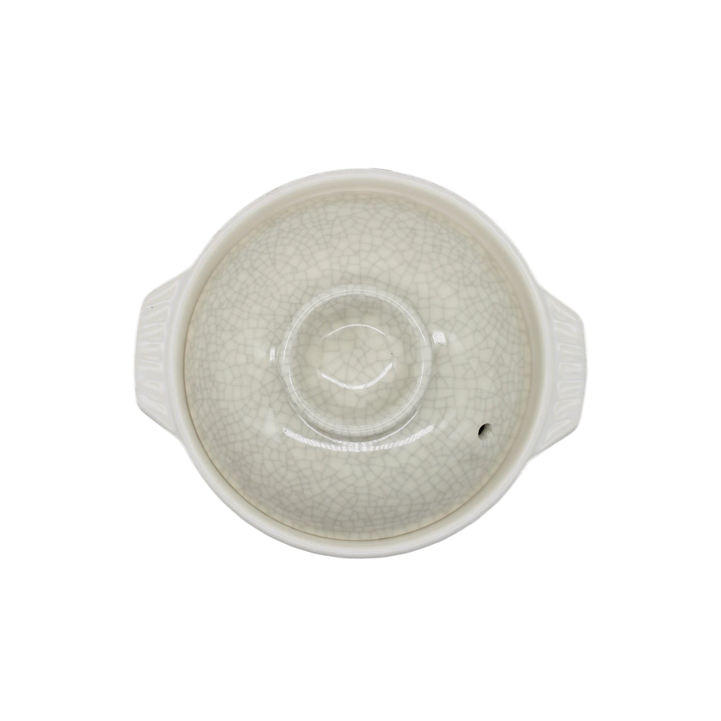 
                  
                    Top view of the Donabe Pot - Cream with Crackle Glaze, round with two small side handles and a light gray crackle glaze, characteristic of Yokkaichi Banko Ware.
                  
                