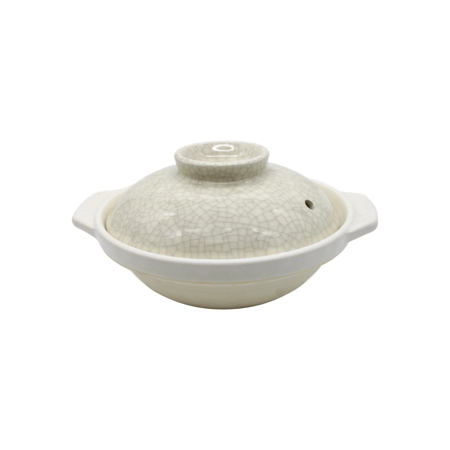 The Donabe Pot - Cream with Crackle Glaze features a lid, side handles, and a signature crackle pattern inspired by Yokkaichi Banko Ware, shown on a plain white background.