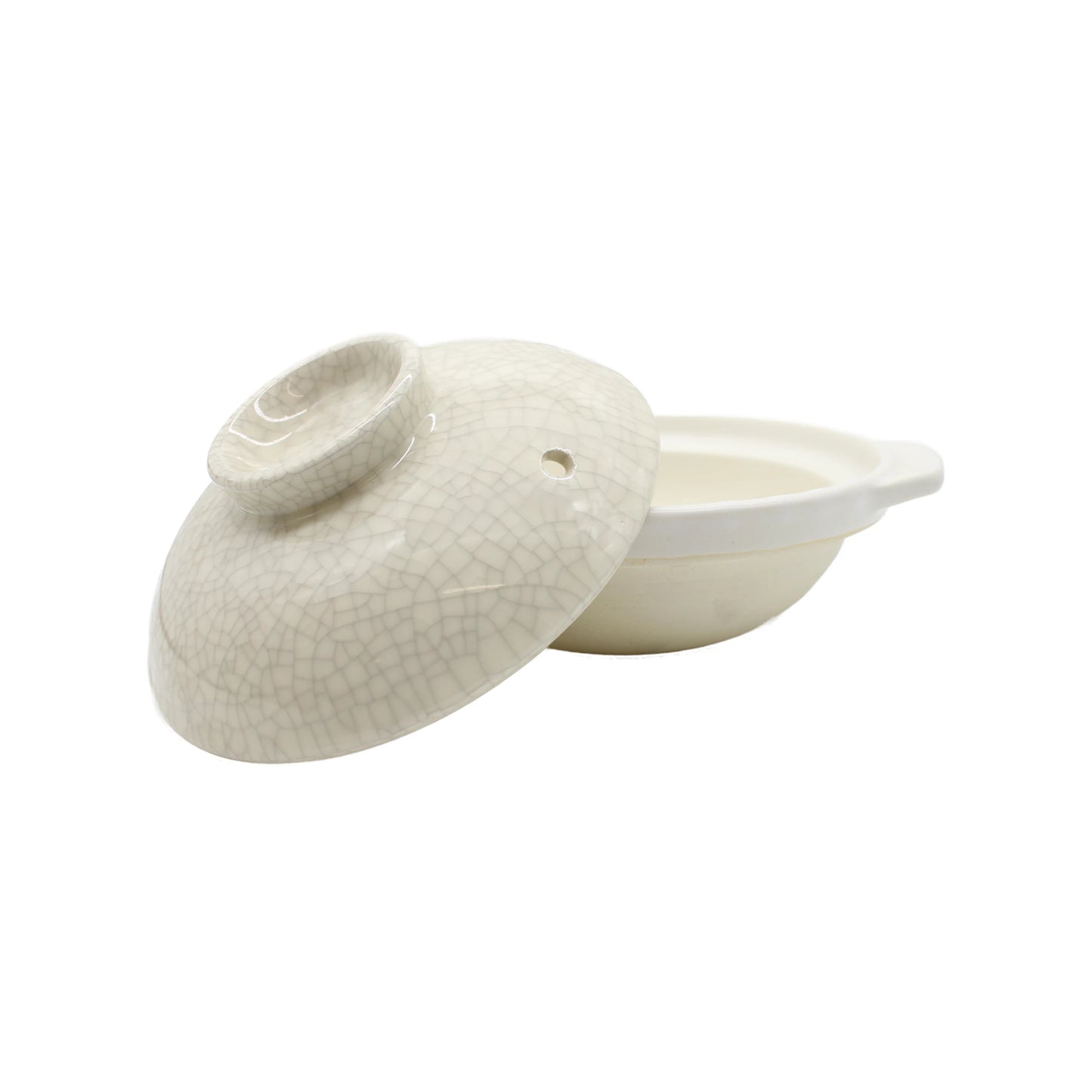 The Donabe Pot - Cream with Crackle Glaze is shown with its matching lid partially covering the bowl, highlighting its elegant crackle glaze finish.