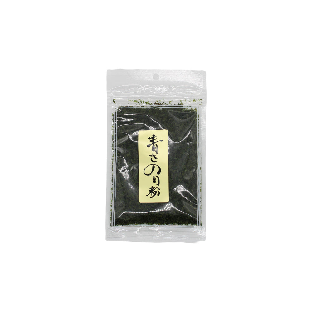 A clear plastic pouch of Dried Aonori Seaweed Flakes (20g) with a white label in Japanese text—essential in Japanese cuisine.