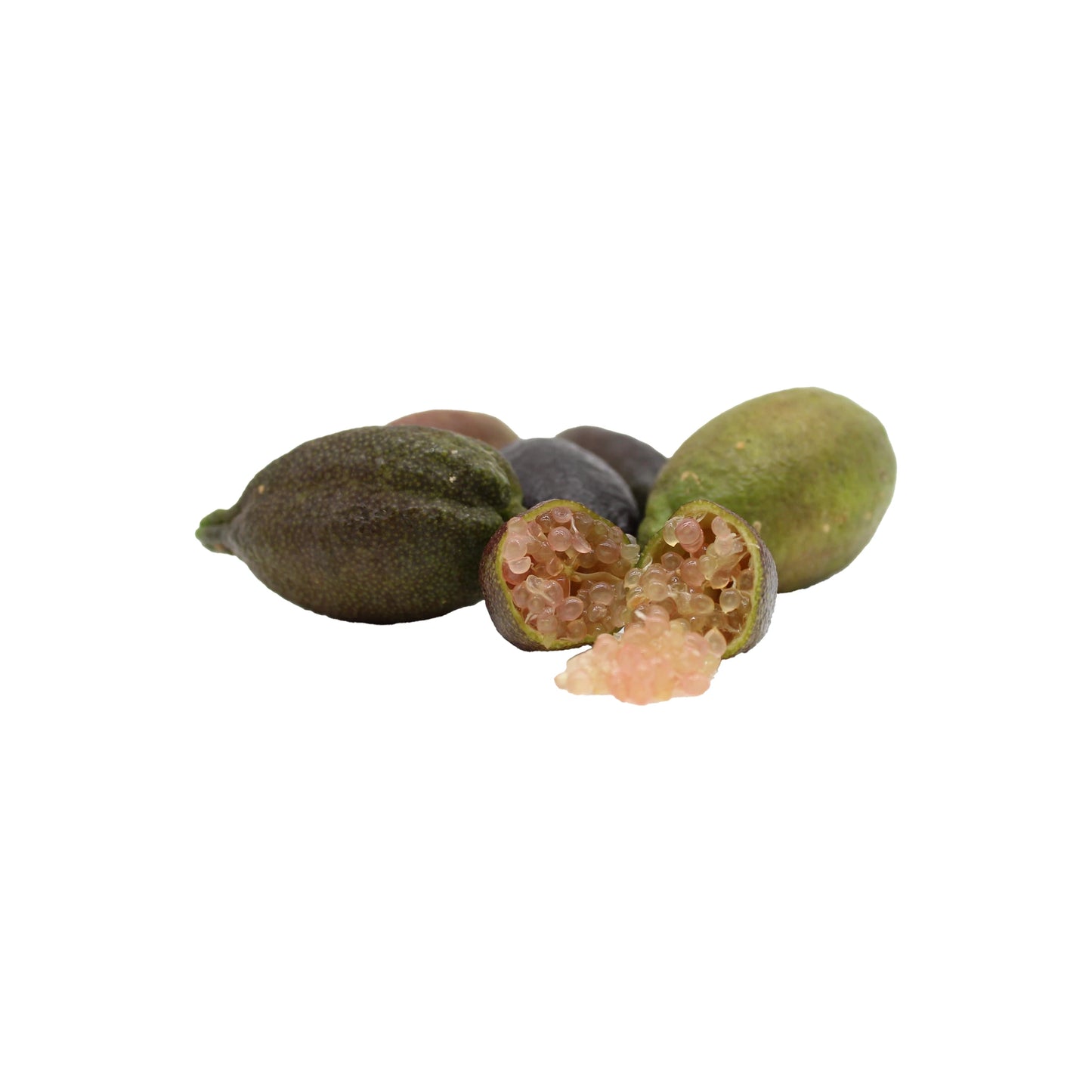 
                  
                    Fresh Finger Limes, Citrus Caviar, featuring greenish-brown skin with one sliced open to display its vibrant pink, caviar-like pulp inside, isolated on a white background.
                  
                