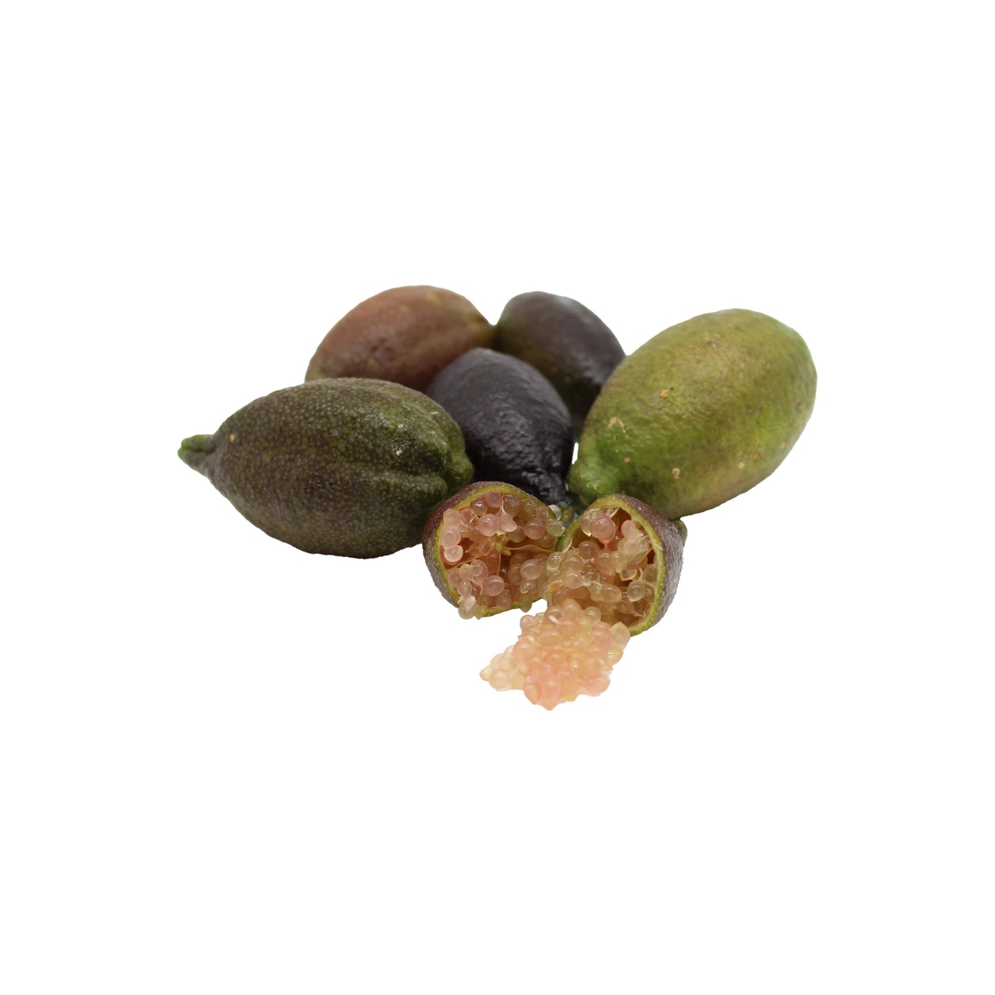 Fresh Finger Limes, Citrus Caviar are displayed whole and halved on a white background, revealing vibrant pink citrus pearls spilling from the cut fruit.