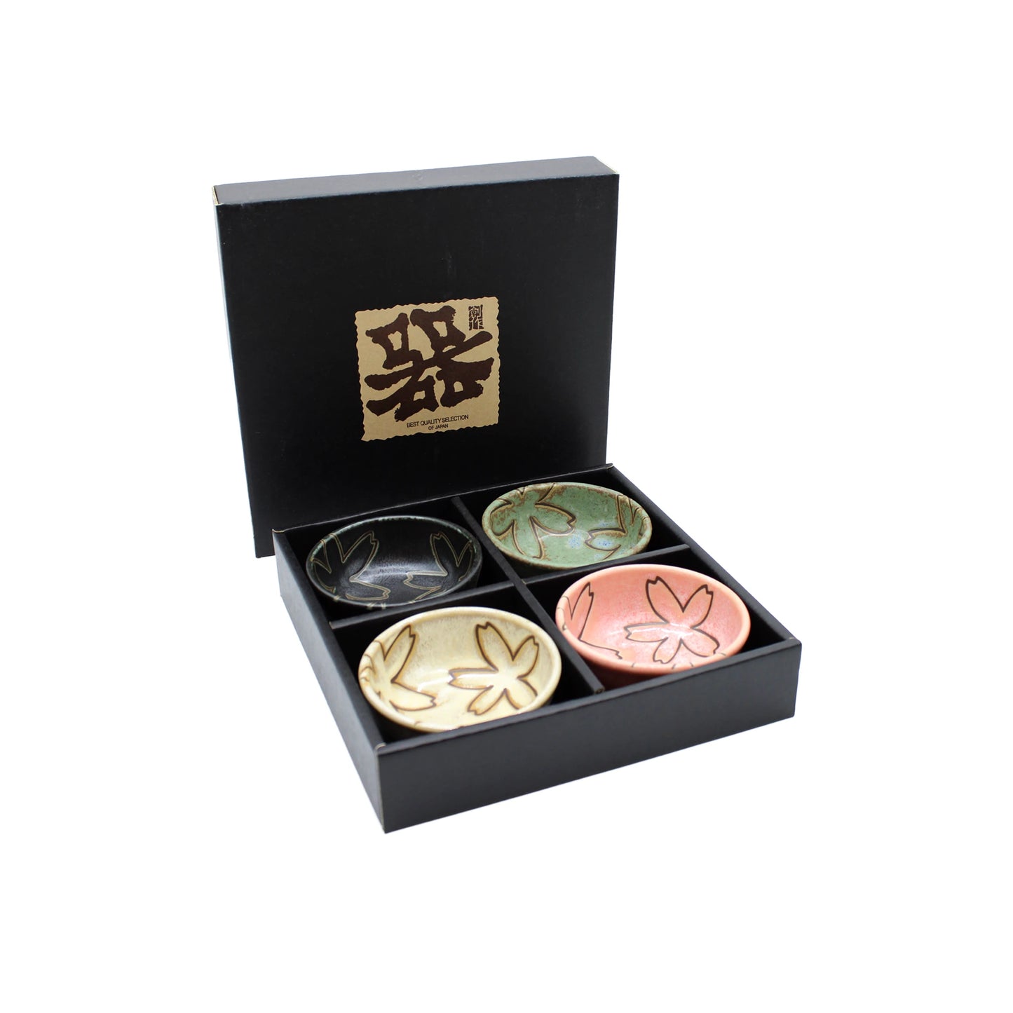 The Flower Design Sauce Dish - Set of 4 comes in a black gift box with four ceramic coasters, each featuring a different sakura floral design in its own compartment—an elegant, Japanese-inspired gift set.