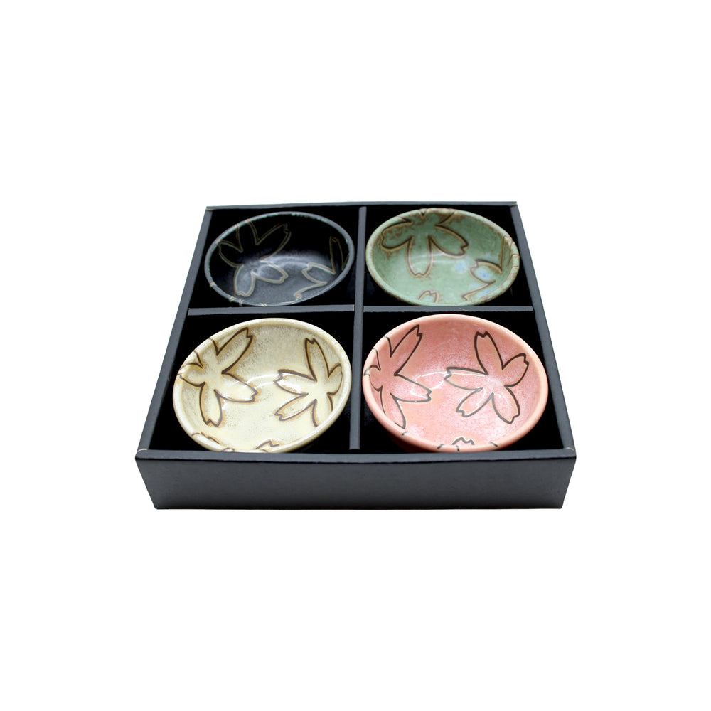 
                  
                    The Flower Design Sauce Dish - Set of 4 features four small Japanese ceramic dishes, each with a unique sakura floral pattern in assorted colors, beautifully presented in a black square box with four compartments.
                  
                
