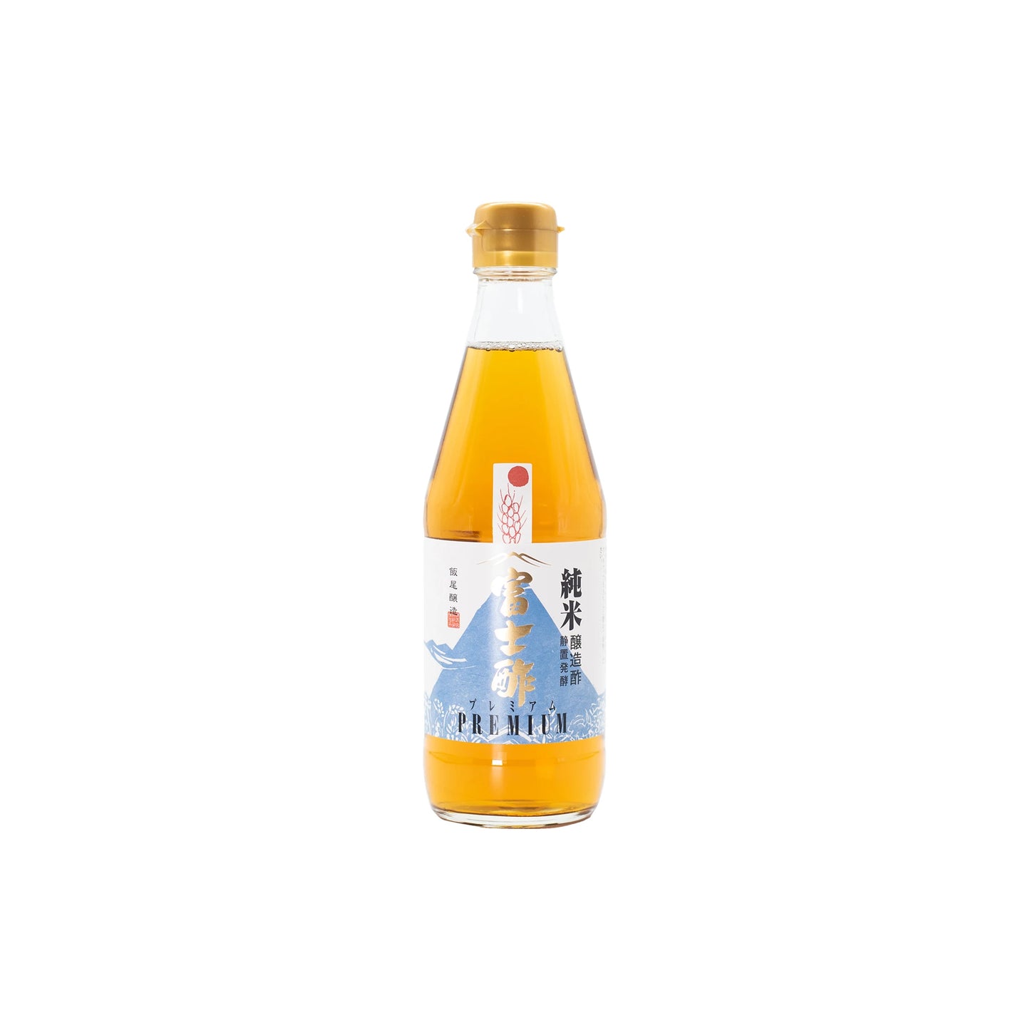 A clear glass bottle of Premium Fujisu Rice Vinegar, filled with amber liquid, features Japanese text, a blue and white label design, and a golden cap—delivering authentic Japanese flavor.