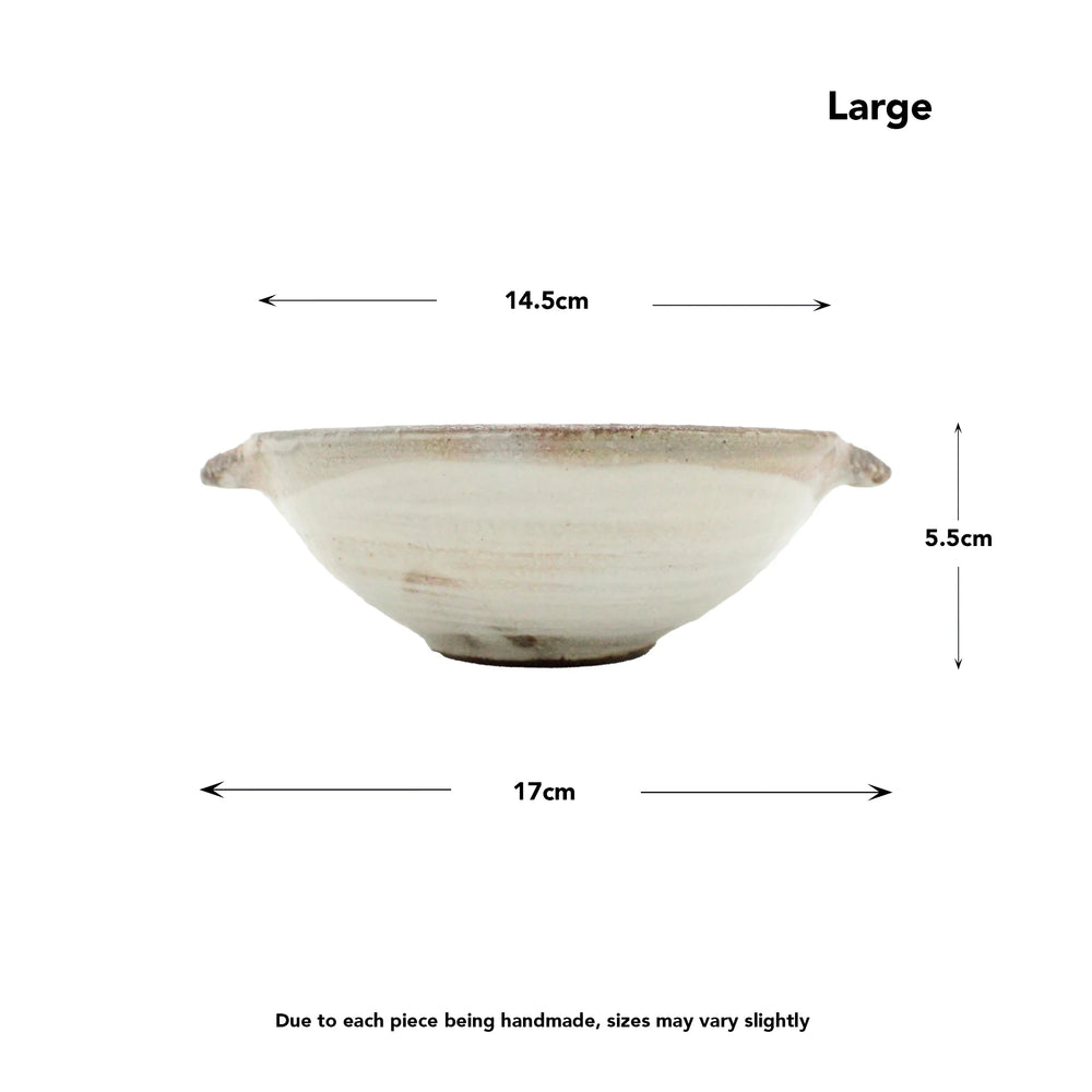 
                  
                    Handmade Ear Bowls - Fuchiara Carved: Japanese ceramic bowl with two side handles, approx. 17cm diameter, 14.5cm top width, and 5.5cm high. Sizes may vary due to artisanal craftsmanship.
                  
                