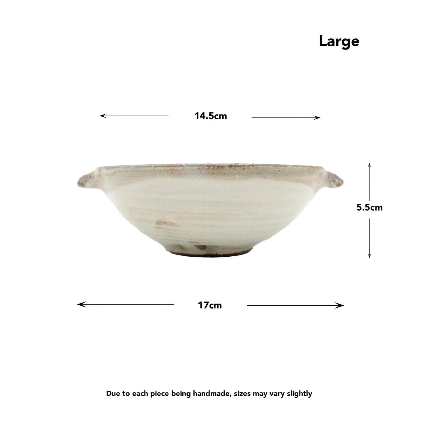 
                  
                    Handmade Ear Bowls - Fuchiara Carved: Japanese ceramic bowl with two side handles, approx. 17cm diameter, 14.5cm top width, and 5.5cm high. Sizes may vary due to artisanal craftsmanship.
                  
                